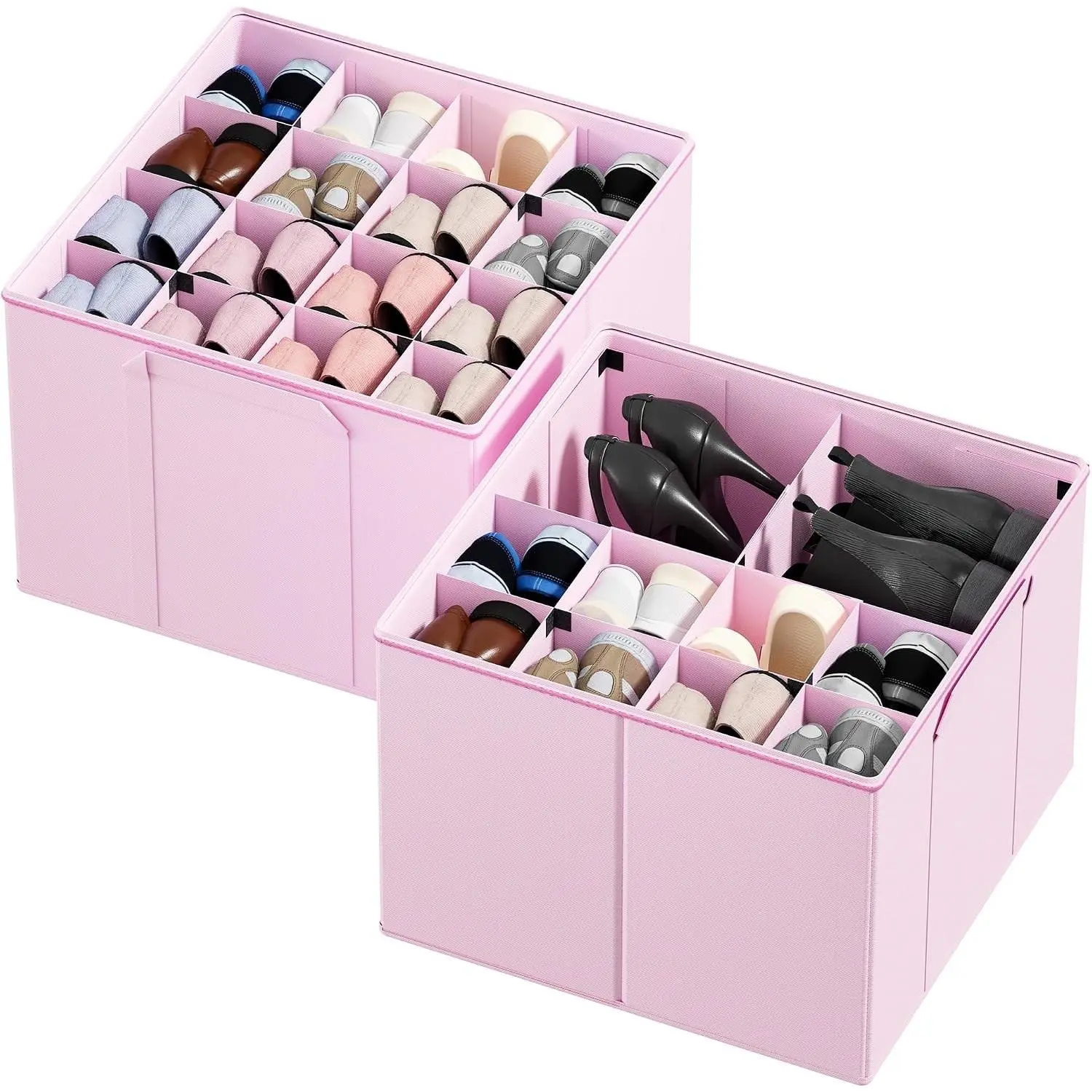 Shoe Organizer for Closet, 2 Pack Foldable Shoe Storage Containers Baskets Boxes Bins w/Adjustable Dividers, Fits 16-32 Pairs, Pink