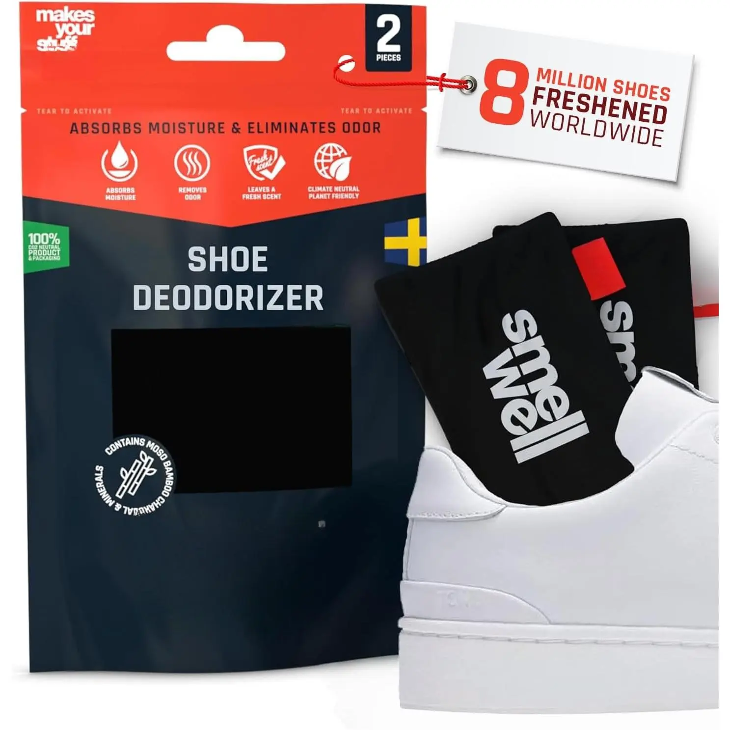 - Scented Shoe Deodorizer Inserts - Odor Eliminators - Activated  Charcoal + Minerals -  Fresheners for shoes, bags, gloves - 2 x 1.8oz  Size - Black