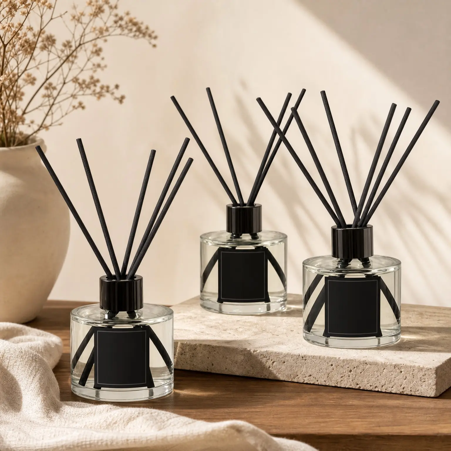 Reed Diffuser Set of 3 for Bathroom Air Fresheners, Oil Diffuser Sticks with Fresh Linen, Ocean, Eucalyptus & Mint Scents (1.7 fl oz Each), 12 Diffuser Sticks, Fragrance Shelf DecorGift