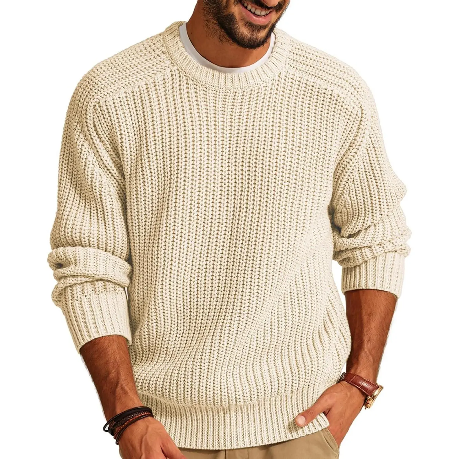 Men Textured Sweater Fisherman Knit Sweater Casual | Classic Crewneck Design, Basic Solid Color, Raglan Long Sleeves, Relaxed Loose Fit, Chunky Warmth Knit, Fall Winter Wear