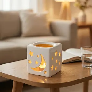 Star and Moon Aroma Diffuser, Ceramic Essential Oil Lamp, Lamp, Oil Burner, Fragrance Diffuser, Home Decor, Suitable for Holiday Gift Exchange, White (Candles Not Included)