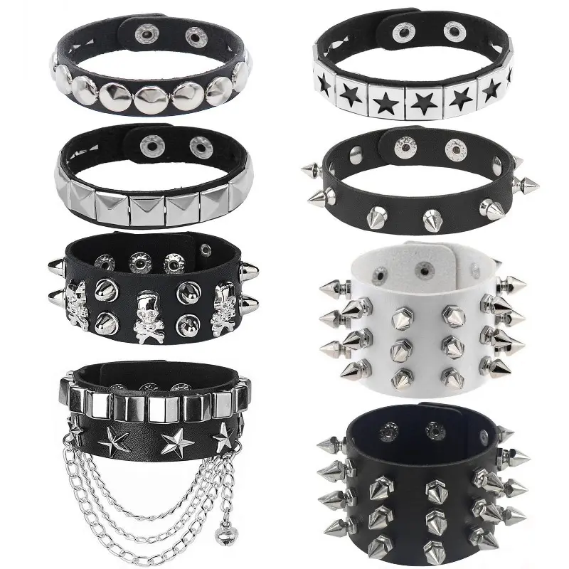 Goth Punk Bracelet Set, 8-Piece Unisex PU Leather Rock Jewelry with Studs and Skulls for Casual Daily Wear