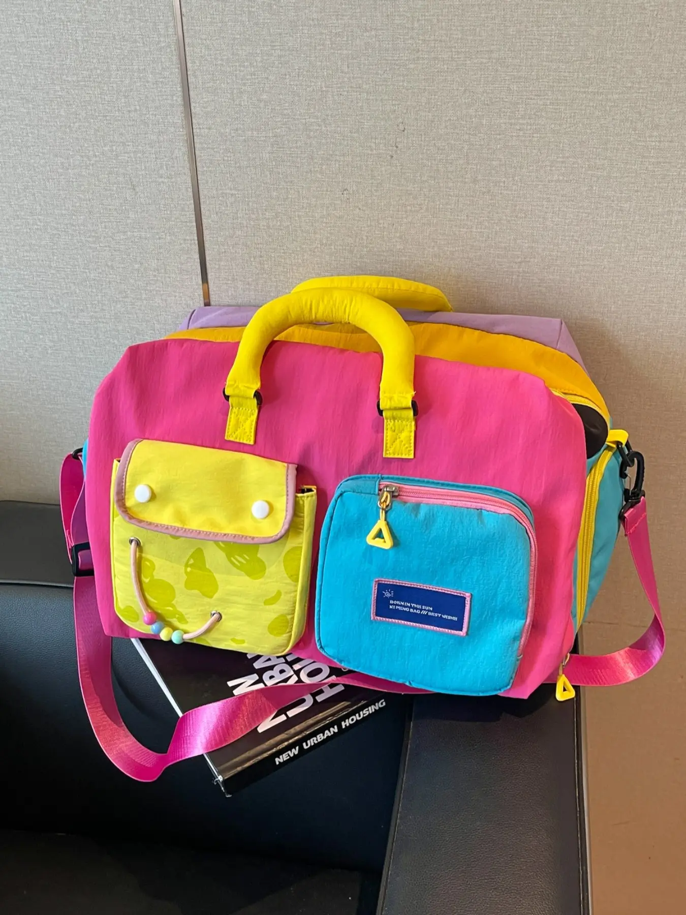 Large Capacity Travel Duffel Bag, Colorblock Waterproof Fitness Bag, Detachable Crossbody Weekender, Student School Luggage