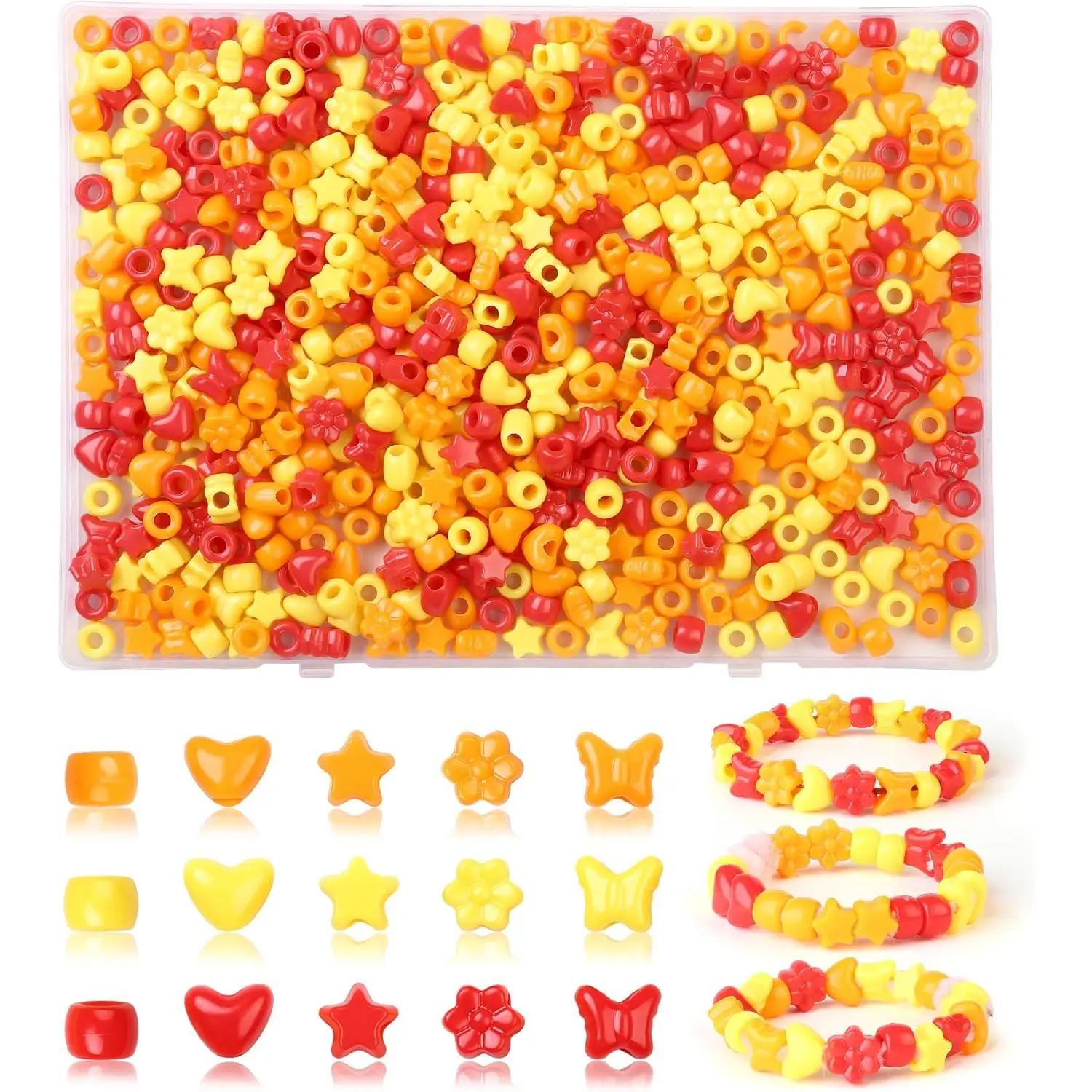 500-Count Fall-Shaped Large Hole Plastic Craft Beads in Storage Box - Heart, Butterfly, Flower Designs in Yellow, Orange, Red, DIY Crafting Supplies for Bracelet, Necklace Making