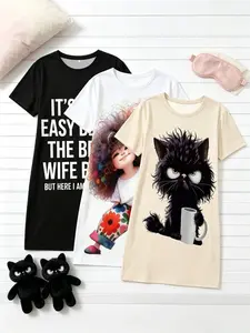 Women's Nightgowns 3 Piece Matching Bundle Playful Humor Aesthetic Slogan Girl Cat Print Summer Casual Fun Style Short Sleeve Crew Neck Silky Soft Breathable Lightweight Sleep Shirt Dress Home Sleepover Lounge Wear