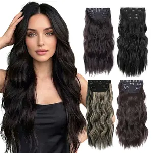24 Inch Water Wave Clip In Hair Extensions for Women, 4PCS Full Head Wavy Synthetic Hair Extensions, Natural Look, Instant Volume & Lengt Long Curly Ponytail individual lightweight summeressentials voluminous