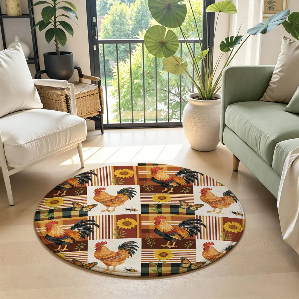 1pc Vintage Pastoral Rooster Sunflower Print Round Floor Mat, Non-Slip Aesthetic Rug for Hotel Bedroom Living Room Sofa Bedside Home Decor Art Supplies, All Rooms, Ideal Gift