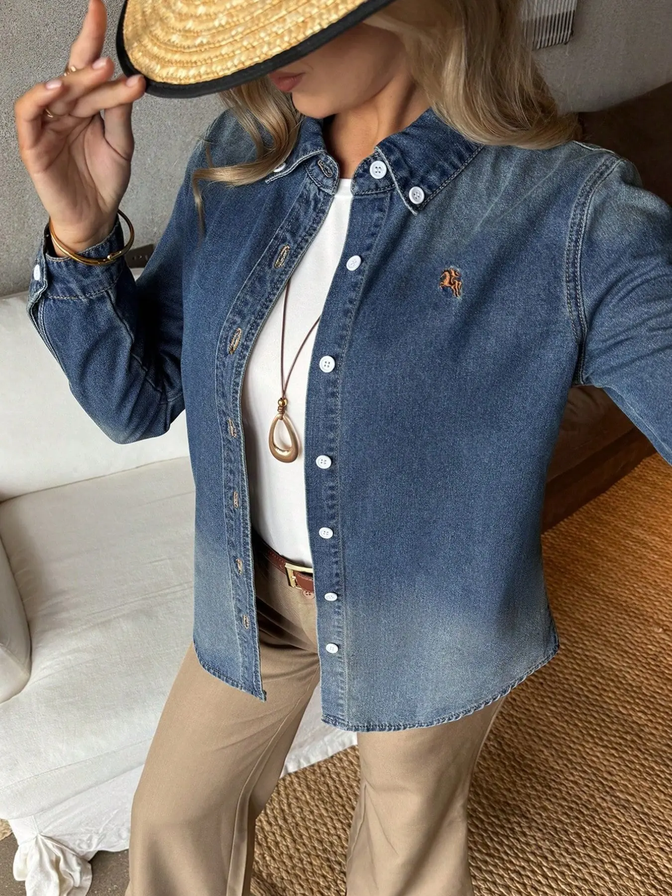 Light Blue Washed Denim Shirt with Small Spurs Embroidery, Loose Fit Turn-Down Collar Long Sleeve Top, Rollable Sleeves