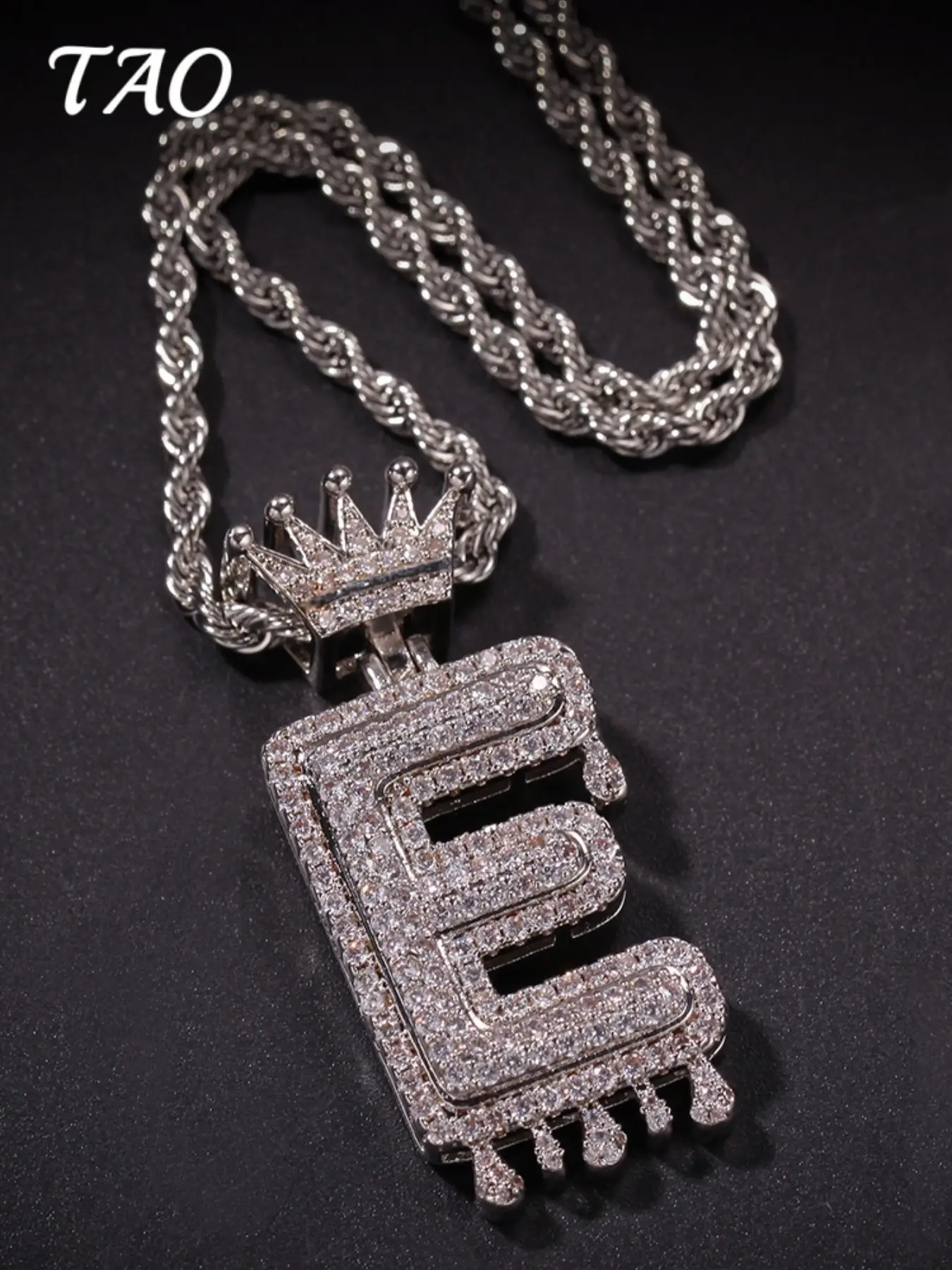 TAO-Creative Zircon Crown Teardrop Necklace, A-Z Letter Pendants, 24-Inch Braided Chain, Hip Hop Style, Luxurious and Versatile