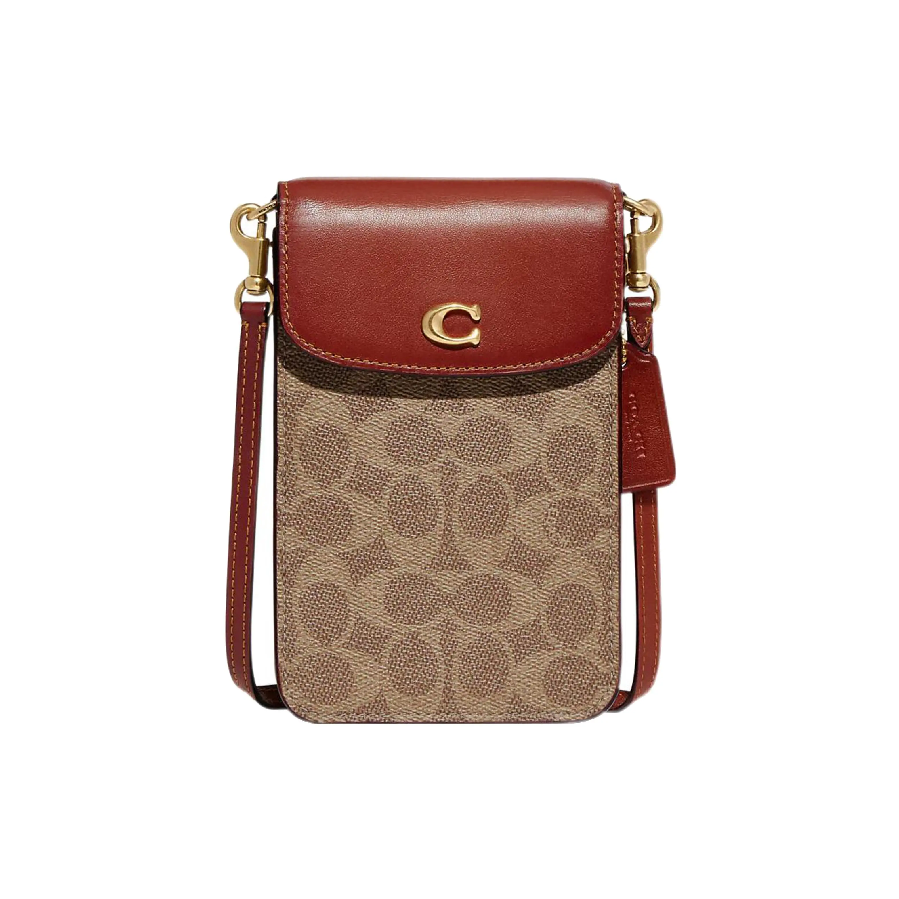 COACH Mini Crossbody Phone Bag for Women – Embossed Logo, Coated Canvas and Premium Calfskin, Brown and Dark Red