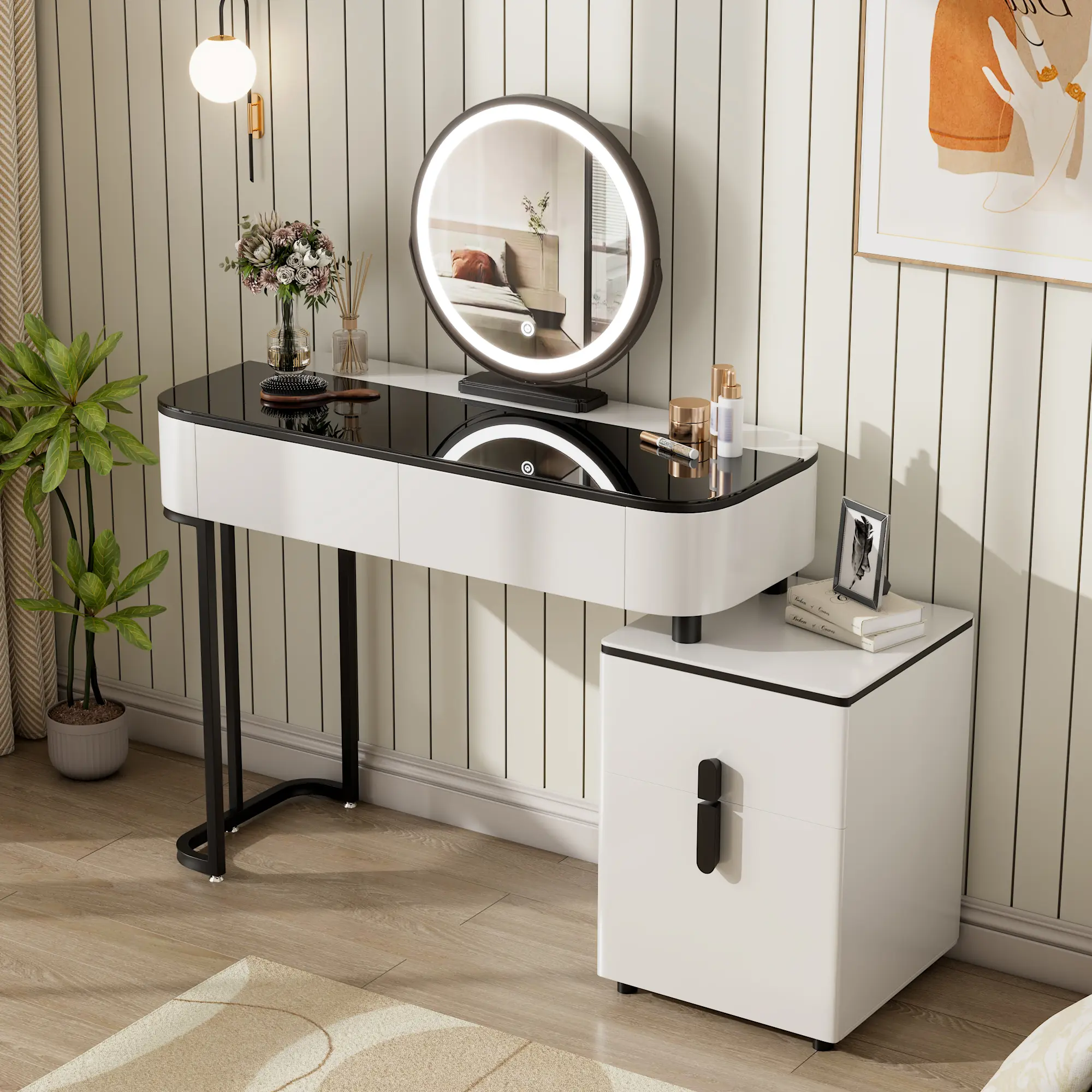 ARCH Modern Vanity Table Dressing Desk with Tempered Glass Top, Adjustable Height Legs, Multi-Functional Storage Cabinet, Round Mirror, White and Black, 100cm/39.37in Wide, Perfect for Bedroom, Dorm, Small Spaces, Makeup Vanity Set