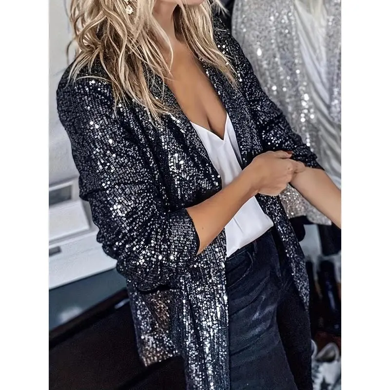 Elegant Sequin Long Sleeve Open Front Lapel Blazer with Buckle Closure Polyester Jacket for Women