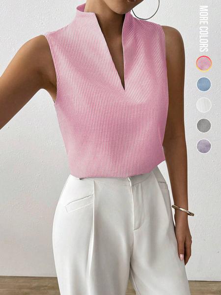 Women's Striped Print Curved Hem Tank Top, Casual Chic Sleeveless Top for Work Office Business, Ladies Clothes for Summer, Womenswear