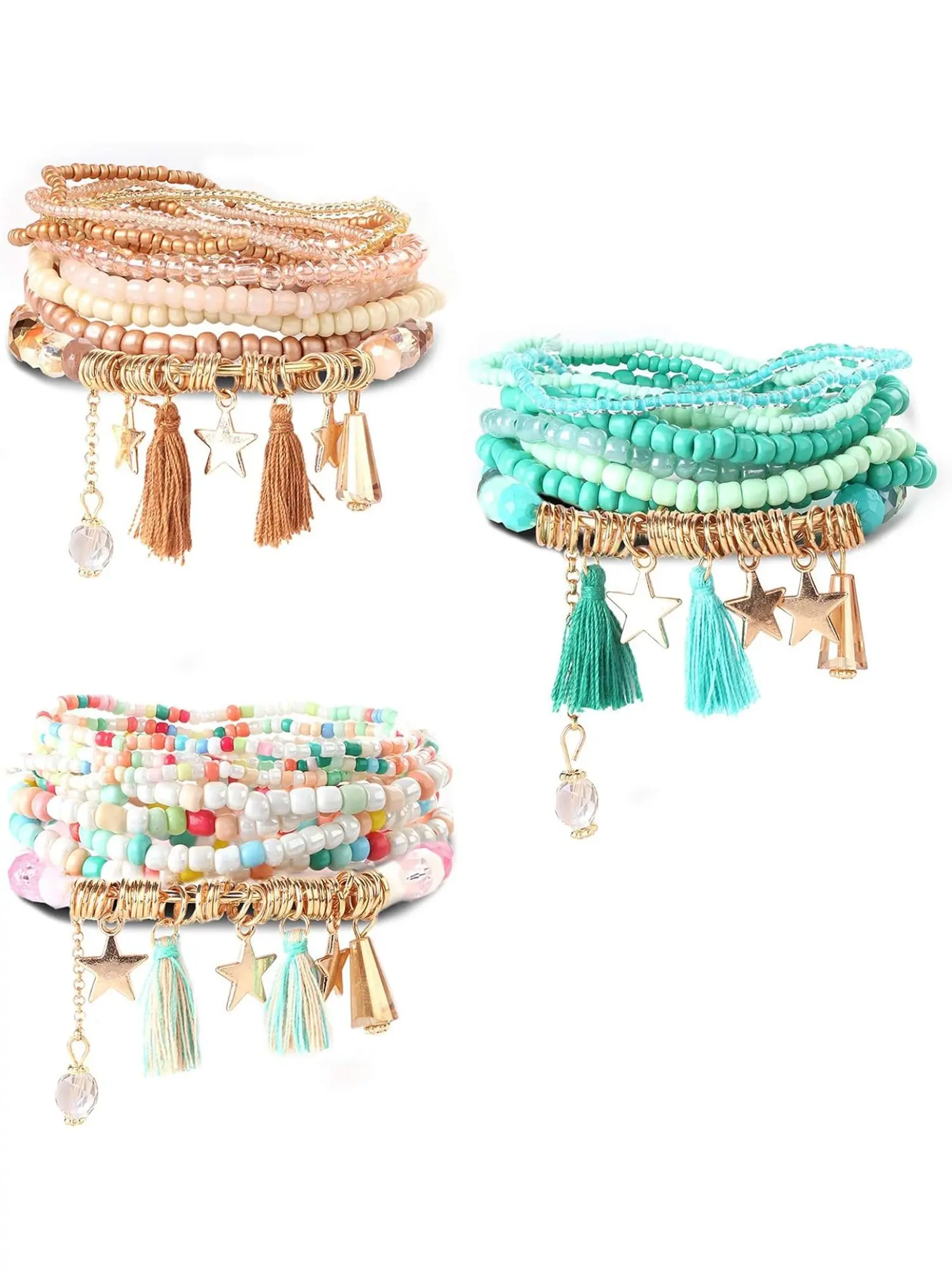 3 Set Bead Mala Wrap Bracelets For Women, Multilayer Boho Stackable, Boho Style Beaded, Trendy Natural Stone Jewelry