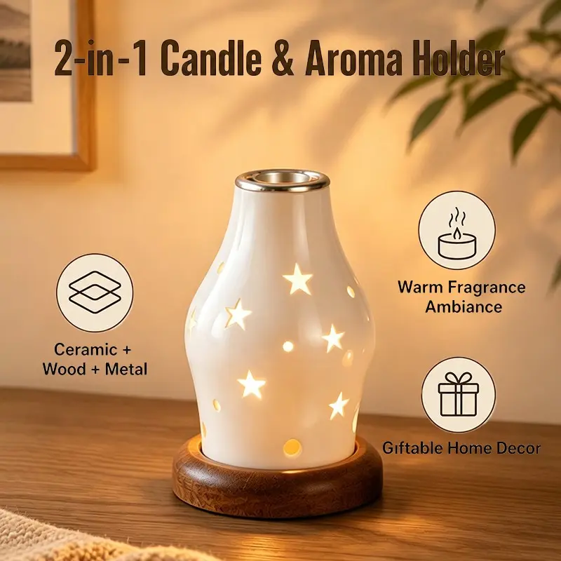 Ceramic Candle Warmer with Wooden Base, Aromatherapy Diffuser for Yoga Spa, Essential Oil Heating Device, Relaxing Home Decor