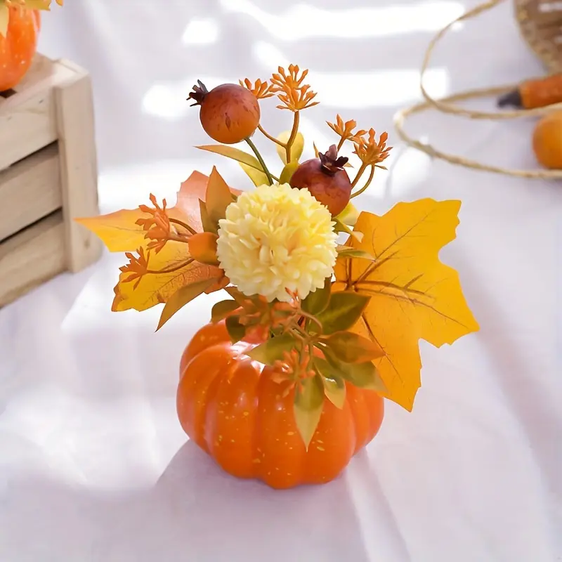 Artificial Pumpkin Centerpiece with Chrysanthemum, Maple Leaves, and Pomegranate Fruits - Plastic Housewarming Home Decor for Various Room Types, Tabletop Halloween and Labor Day Decorations - 1pc 15cm Pumpkin Shaped Arrangement with Container