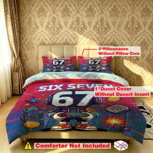 The 3-piece pixel-style robot "SIX SEVEN" includes one quilt cover and two pillowcases, without fillers. It's soft and comfortable, suitable for single beds and double beds, and ideal for bedrooms, dormitories, and hotels.