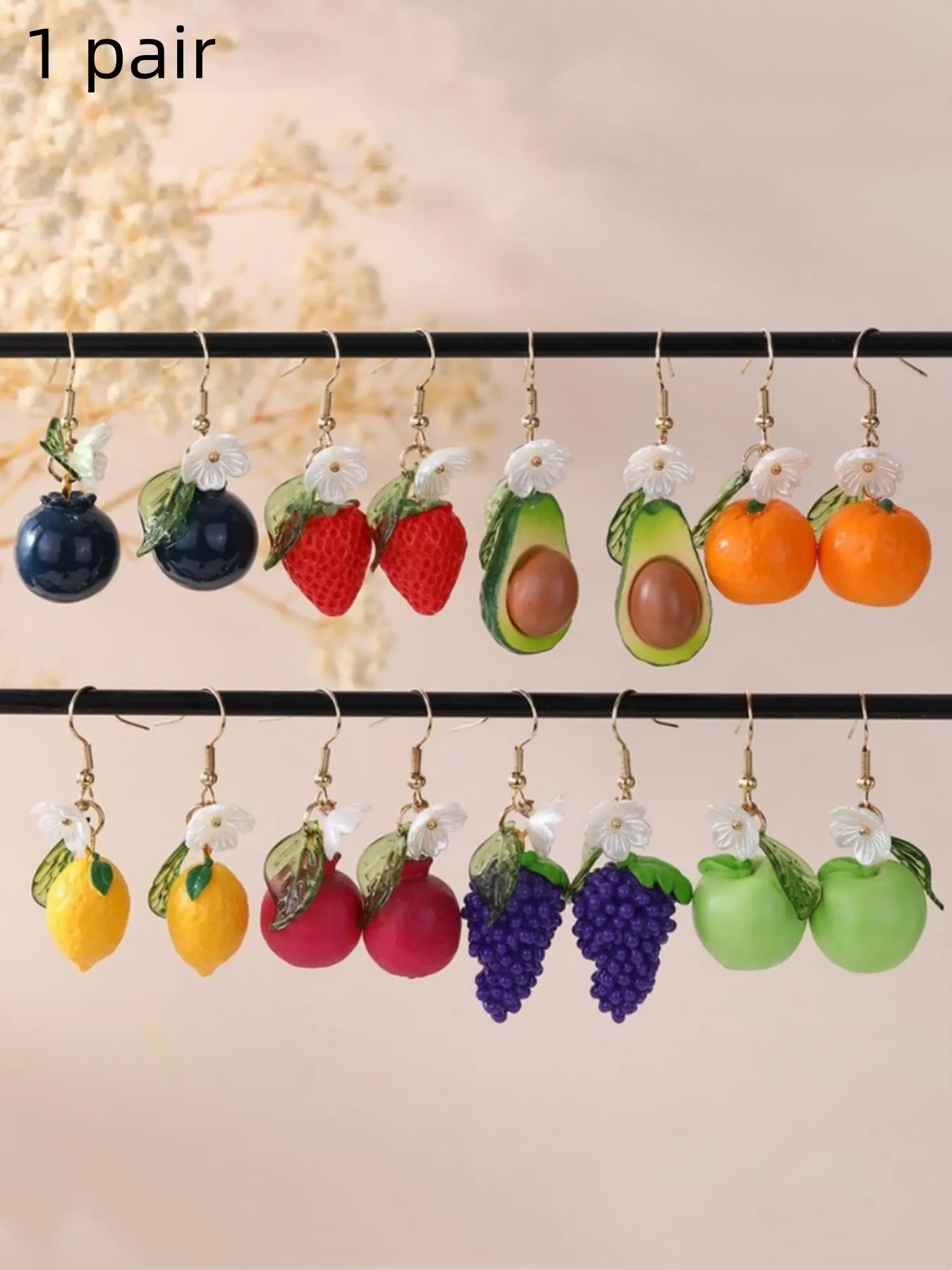 8 pairs of three-dimensional fruit earrings, such as lemon and strawberry flower earrings, Summer Jewelry, summer beach look, colorful and creative earrings for parties, festivals, birthdays, and daily gatherings