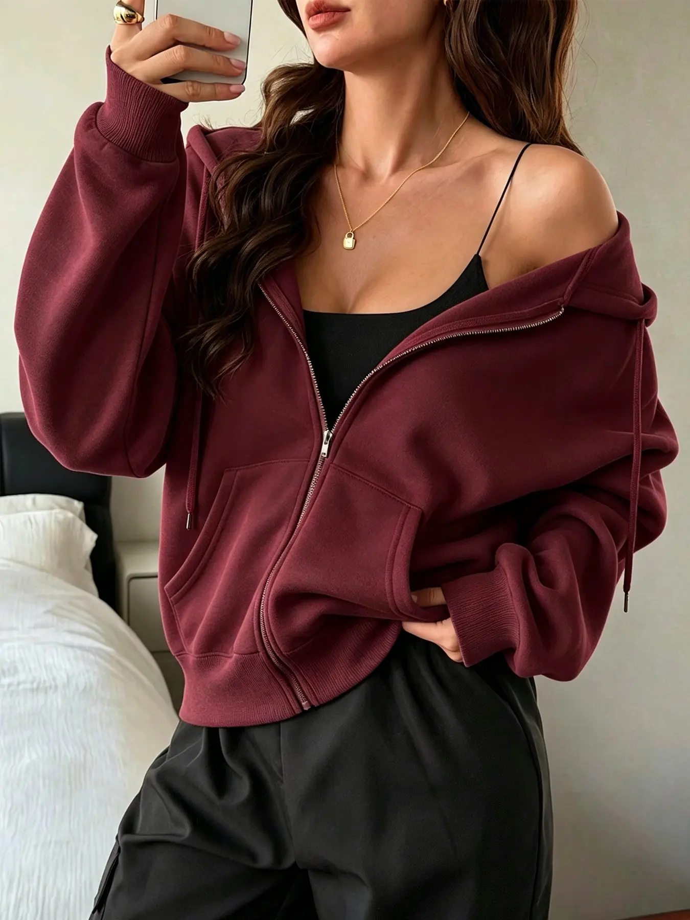 Women's Solid Color Open Front Hooded Sweatshirt, Casual Fashionable Pullover, Comfortable Daily Wear, Perfect for All Seasons