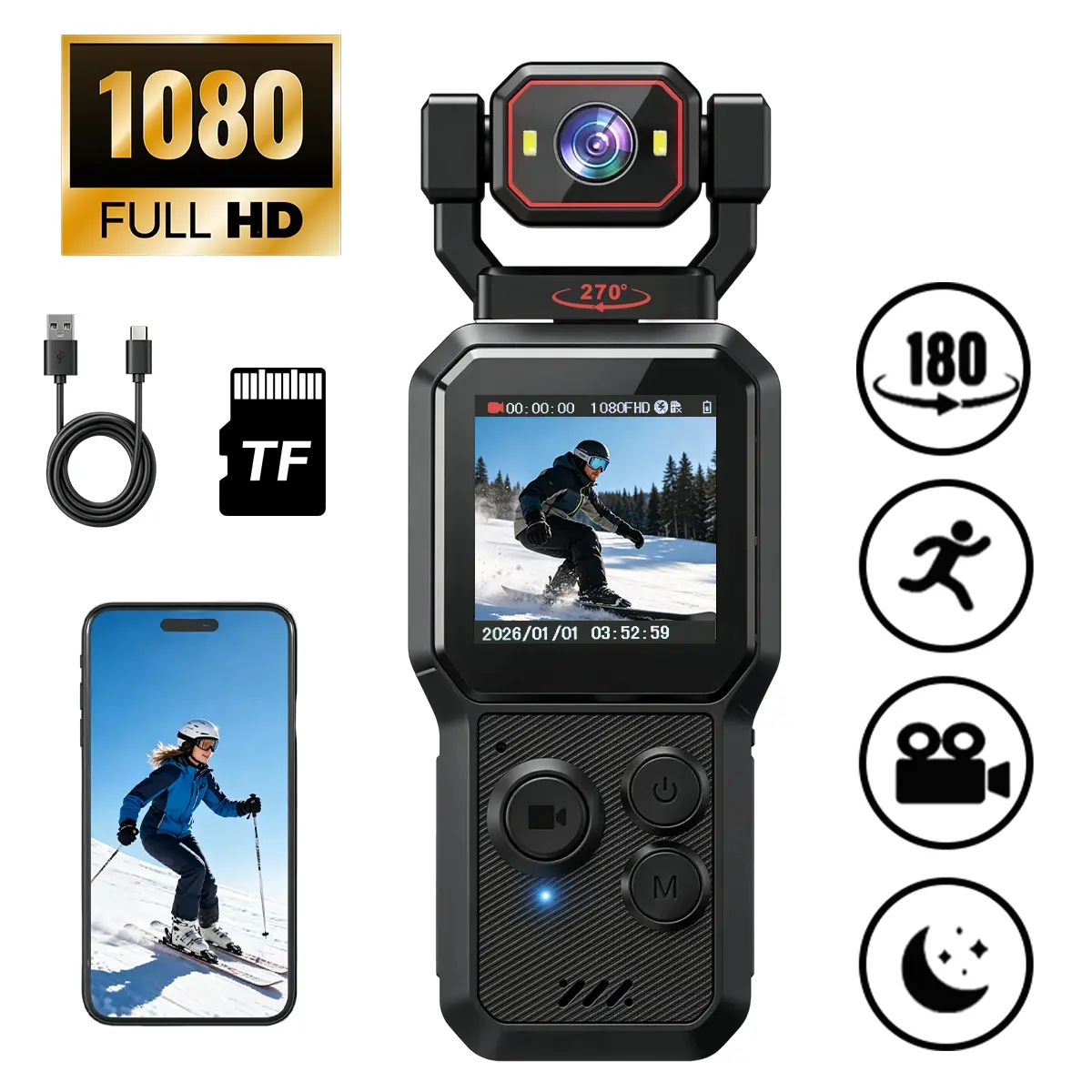 Pocket Creator Camera with 270° Rotating Lens, 1080P HD Vlog Camera with Screen Display, WiFi APP Control, LED Fill Light, Microphone and Portable Design for TikTok Videos, Travel & Daily Life