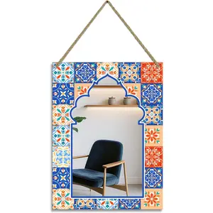 Rectangle Mirror for Wall, 12"x16" Decorative Wall Mirror, Flower Blue Mosaic Mirrors, Wall Mirrors Decor with Hanging Rope for Living Room, Entryway, Bedroom, Dining, Kitchen