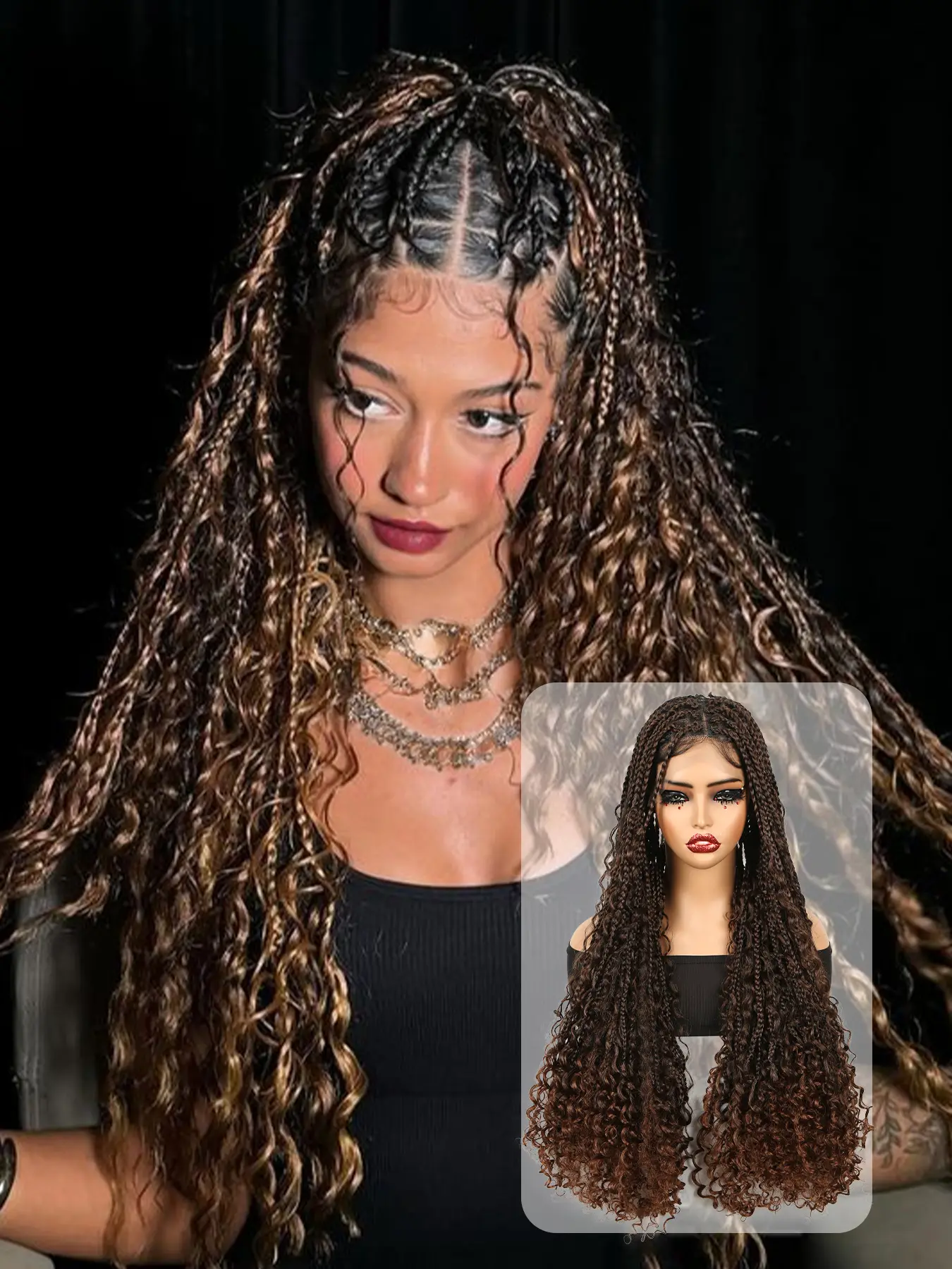 Lehanhair 32 Inch Braided WigFiber Full Lace Boho Curly Wig for Women Gorgeous Fashion Fluffy Wigs Synthetic Box Braid Lace Frontal Braid Wigs Bohemia Natural Scalp for Party Daily Hairstyle Ideas