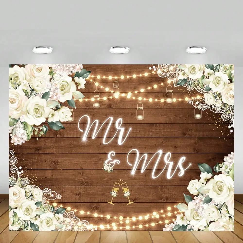 Mr And Mrs Wedding Backdrop Rustic Wooden Board White Floral String Light Mason Jar Design Bridal Shower Engagement Party Photo Background Tapestry