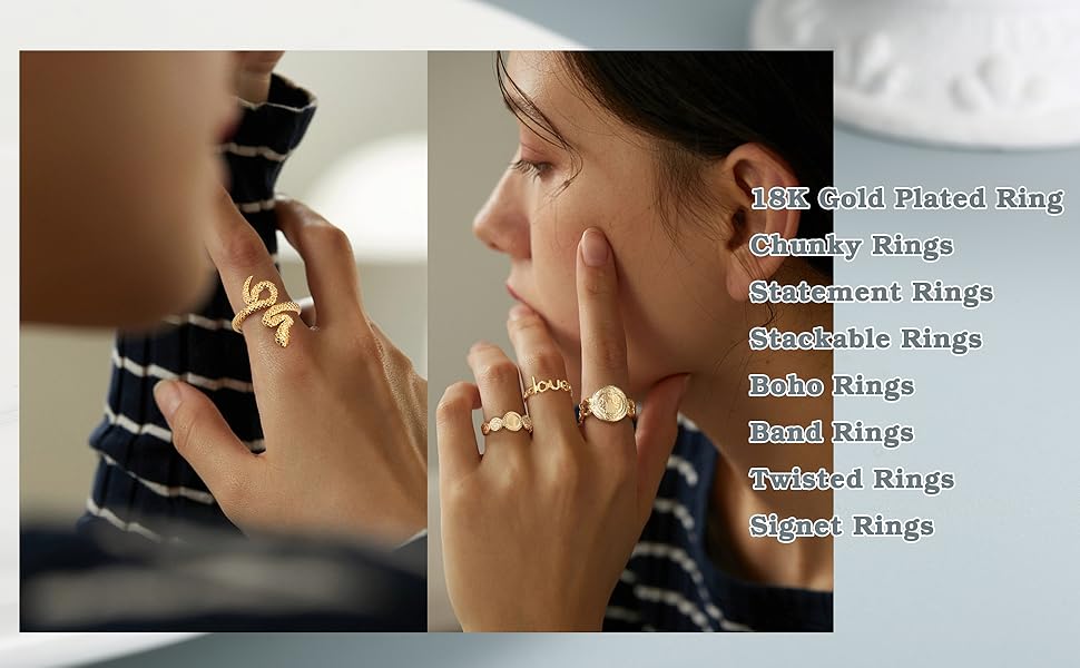 Besteel 18K Gold Plated Rings for Women, Stainless Steel Statement Rings Pack Stacking Boho Midi Rings Adjustable Open Ring Band Twisted Signet Rings Non Tarnish Gold Rings