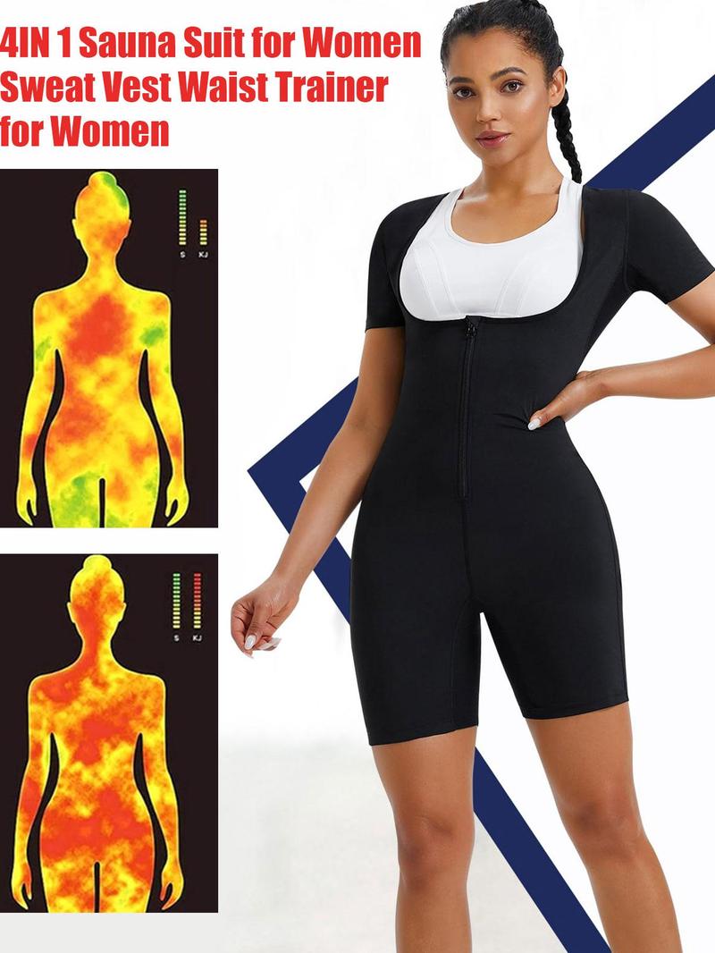 Women's Solid Zip Up Short Sleeve Open Bust Shapewear Bodysuit without Bra, High Stretch Seamless Sweat Sauna One Piece Shaper, Tummy Control Butt Lifter, Ladies Shapewear for Workout Gym Exercise