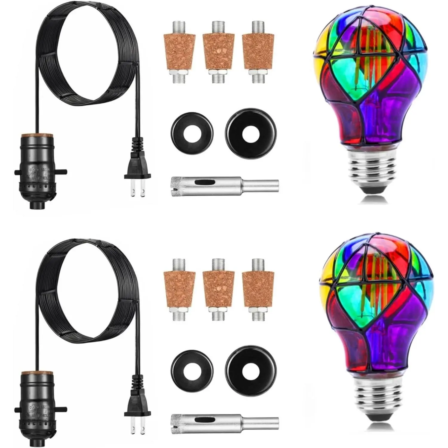 Lpraer 2-Set DIY Glass Bottle Lamp Kit for Home House Whimsical Room Decor, E26 LED Stained Bulbs, Drill Bit, Black Cord E26 Socket, 3-Size Tapper Corks, House Decor