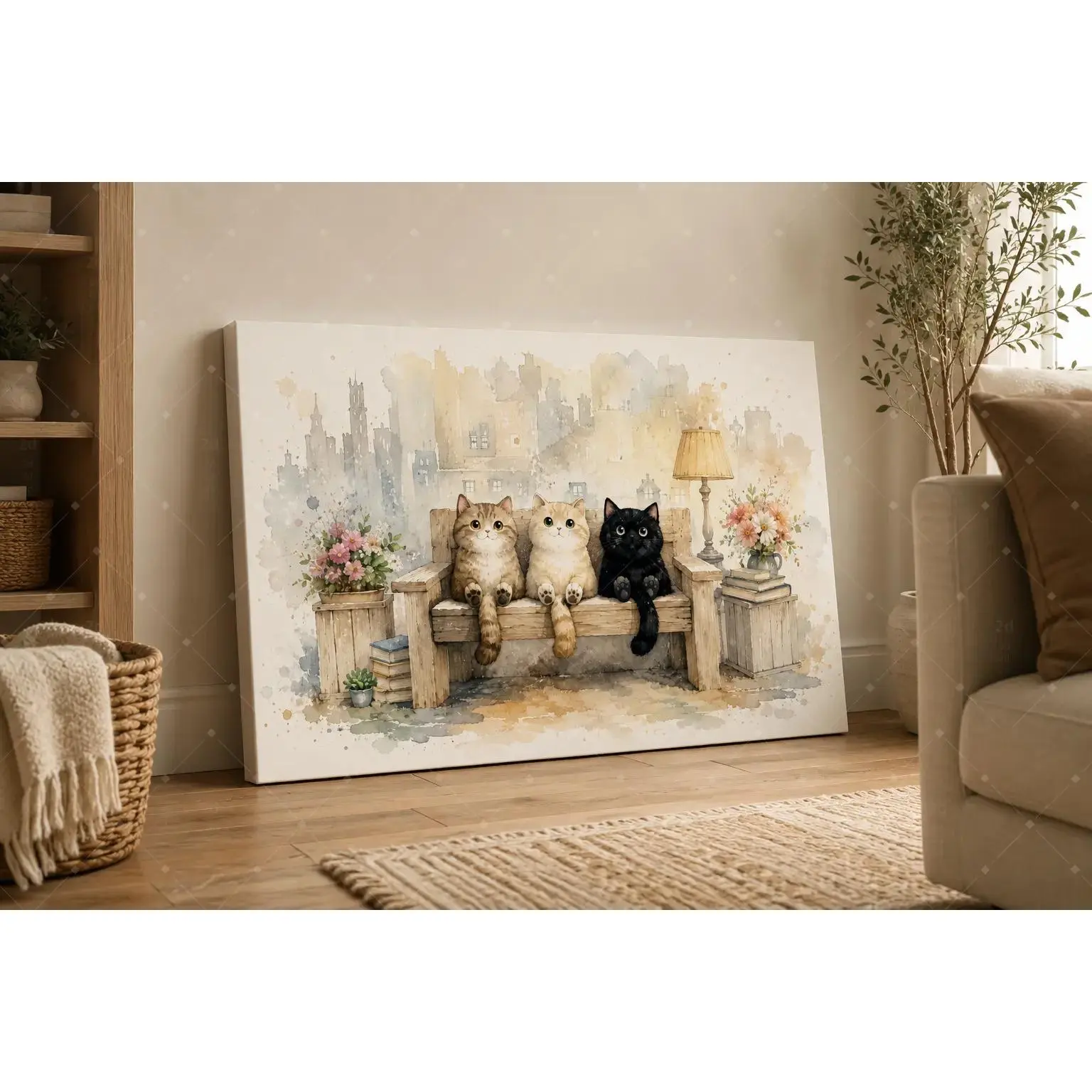 3-Cat Cozy Watercolor Wall Art Poster - Cream Farmhouse Wood 24x36 Inch Cat Bench Print, Cute Pet Neutral Aesthetic Decorative Decoration for Living Room, Kid Room, Unframed Poster or Framed Canvas Wrap Gift