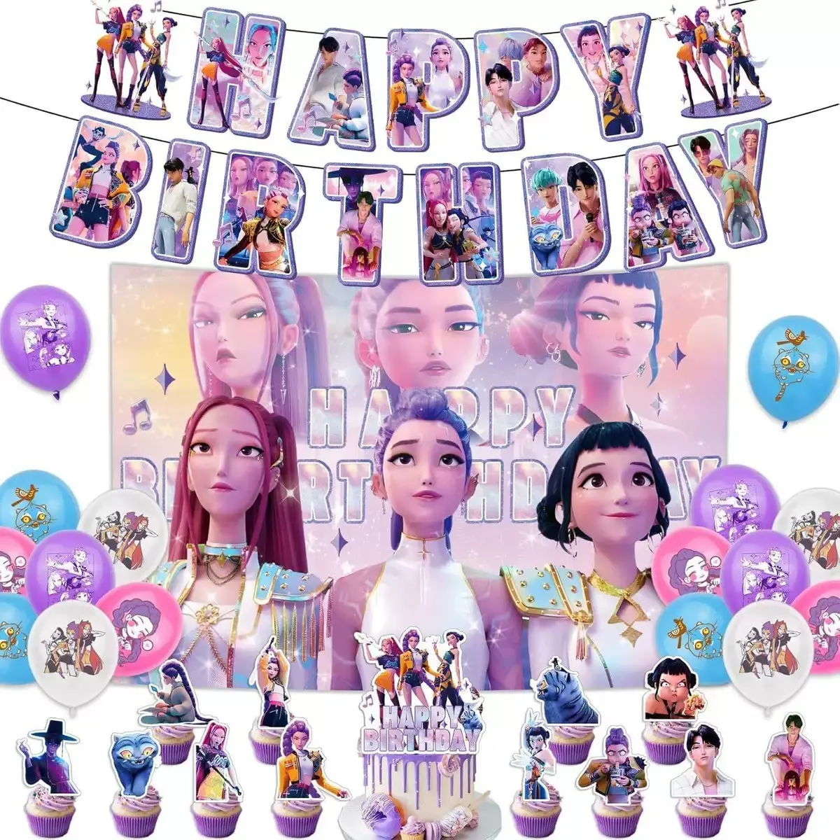 Pop anime singing exorcism girl team children's birthday party decoration set, anime girl inspiration background happy birthday banner, balloon and cake top decoration, anniversary birthday pastry supplies, children and teenagers party supplies