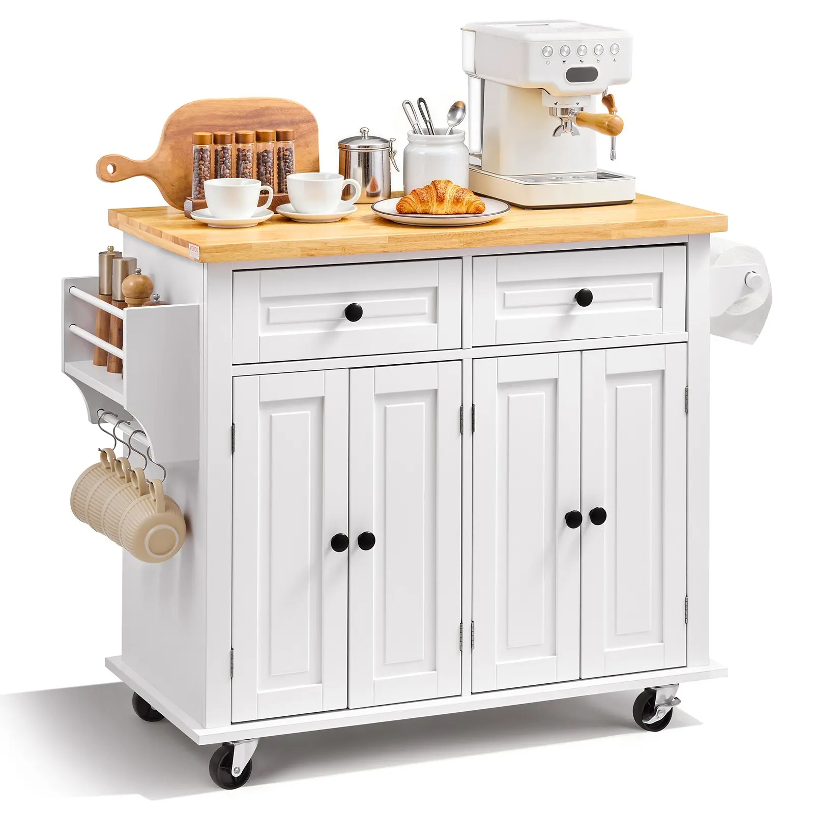 【DealsForYouDays】VEVOR Kitchen Island Cart with Solid Wood Top, 35.4" Width Mobile Carts with Storage Cabinet, Rolling Kitchen Table with Spice Rack, Towel Rack, and Drawer, Portable Islands on Wheels, White