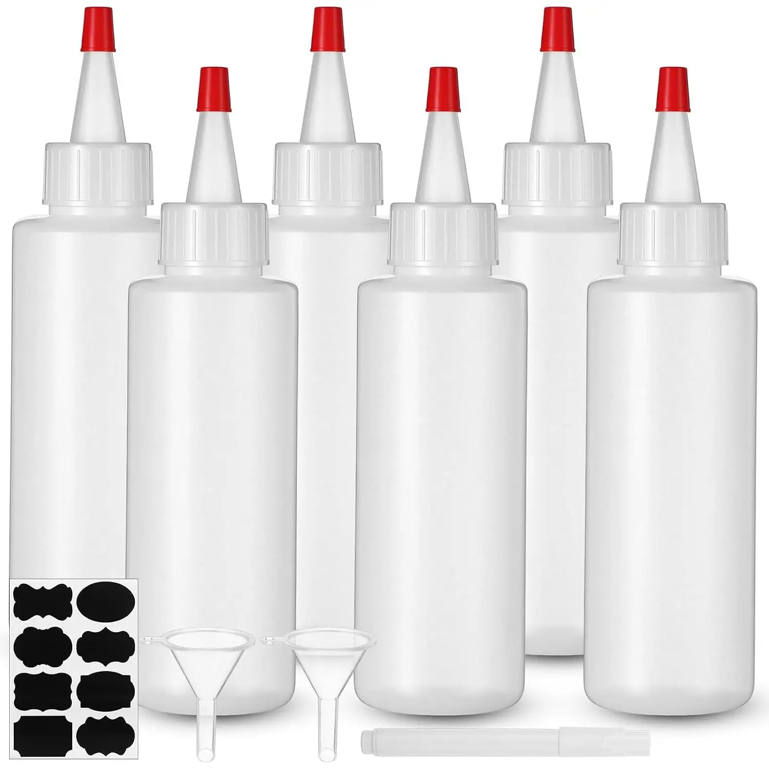 6 count 4 oz Small Plastic Squeeze Bottles with Caps, Classic | Mini Squeeze Bottles with Label Pen and Funnels for Sauces Syrups Condiments Crafts  Glue and