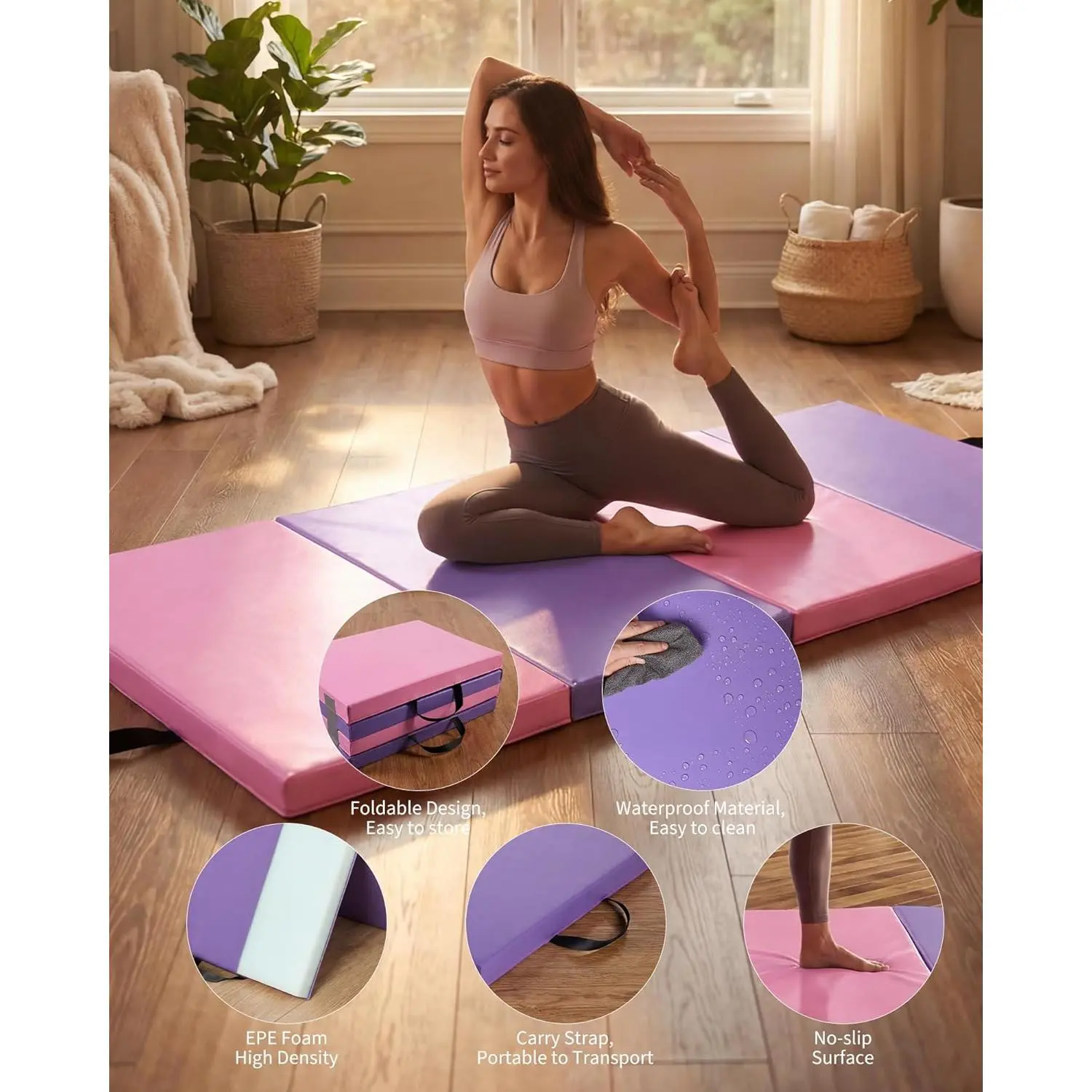 6x3Ft 2 inches Thick 4- Folding Exercise Mat,Portable Home Gym Gymnastics Mat with High-Density EPE Foamed