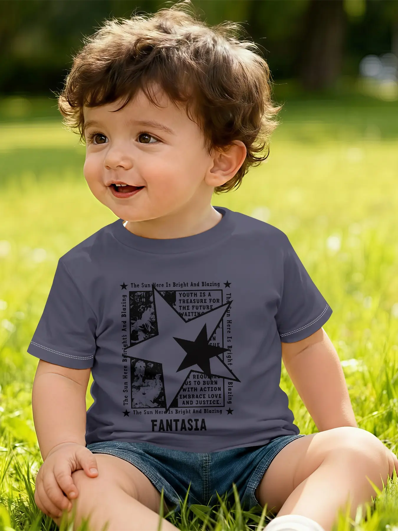 Boy Summer Star and Letter Pattern Digital Print Short Sleeve T-Shirt, Casual Baby Clothes, Perfect Gift for Daily and Outdoor Activities