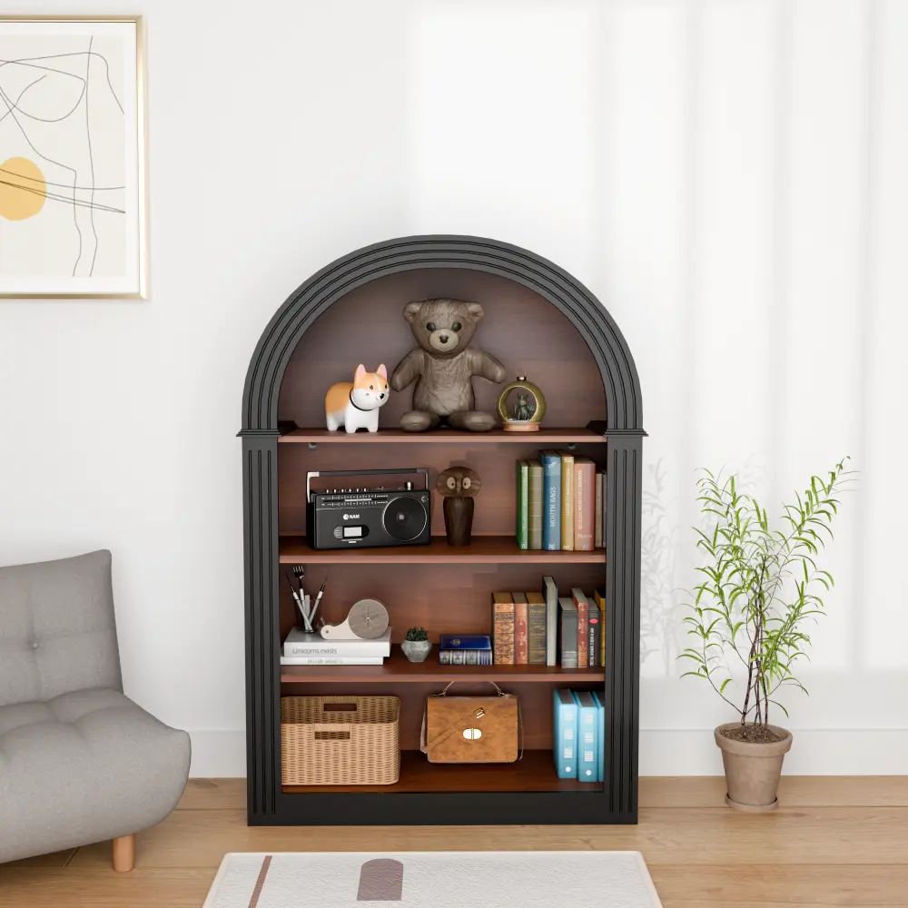 Littleox Bookcase, 4-Shelf Tall Bookshelf, 45.66" Wood Open Display Floor Arched Bookcase, Large Storage Organizer for Library, Bedroom, and Living Room (Black)