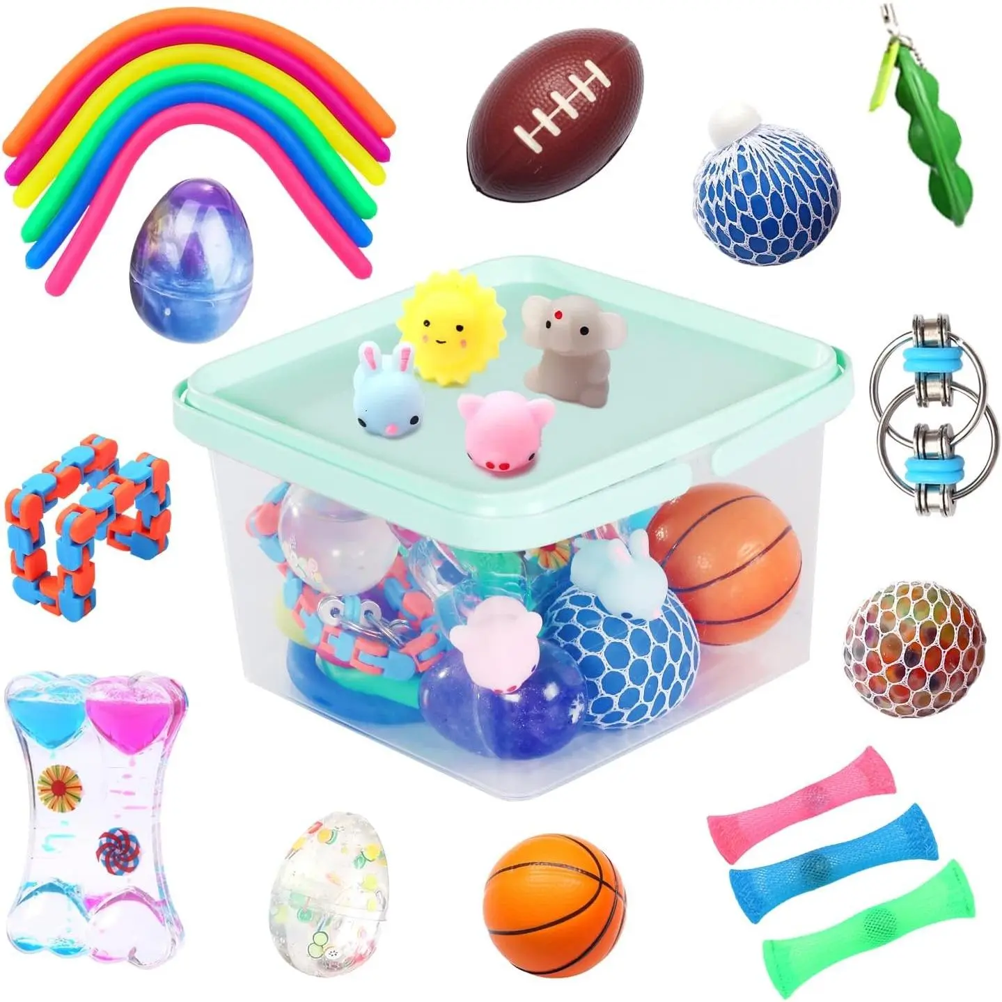 Fidget Toys for Adults - 24 Pack Sensory Stress Relief Set with Liquid Motion Timer, Mochi Squishy, Stretchy String, Flippy Chain, Easter Egg, Marble Mesh, Squeeze Bean Stress Ball - Perfect Gift for Anxiety