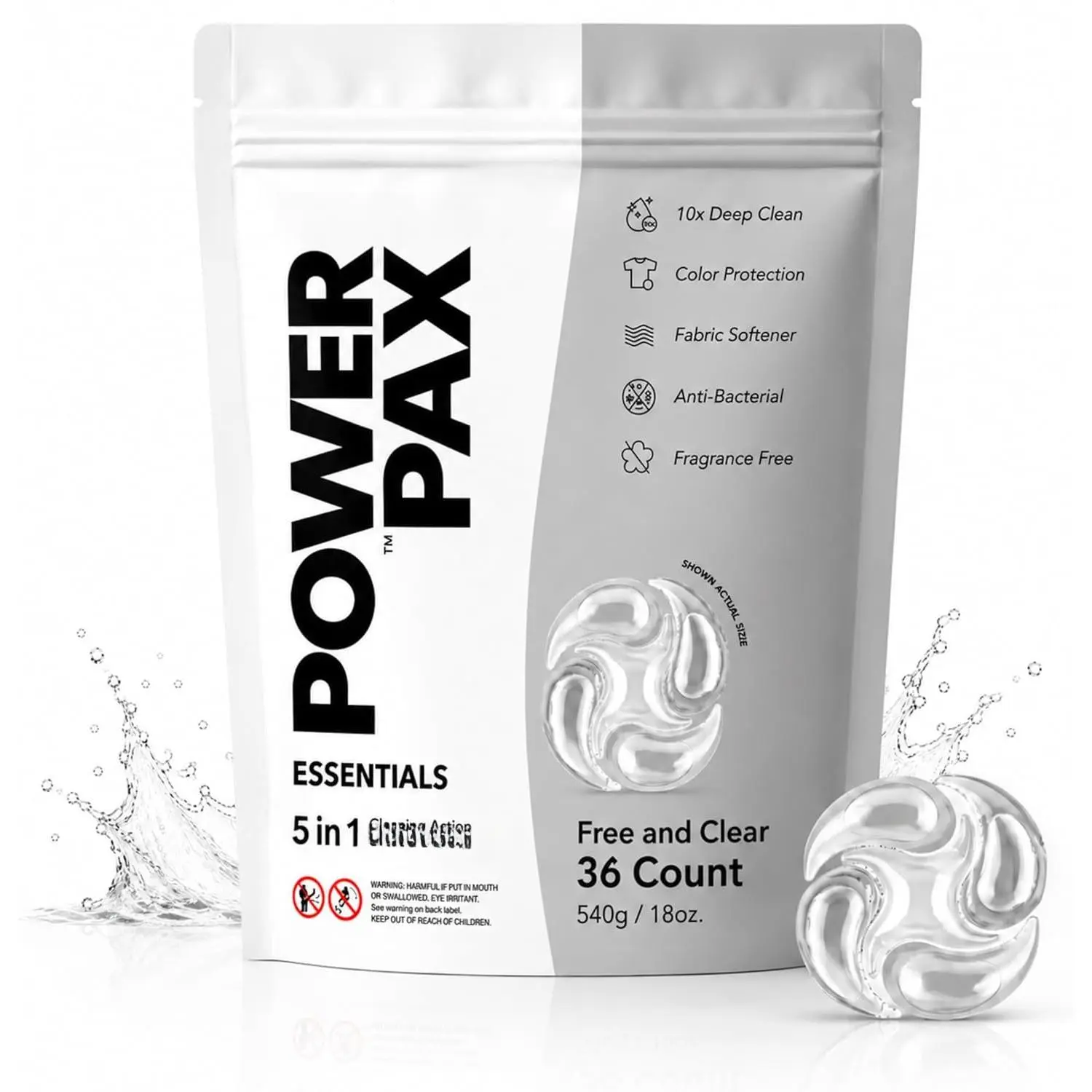 PowerPax  Detergent Pods, 36 Count 5-in-1  Pods with Enzyme Stain Remover, Odor Control, Fabric Softener & Color Care, Washer Pods for HE Machines - Free and Clear
