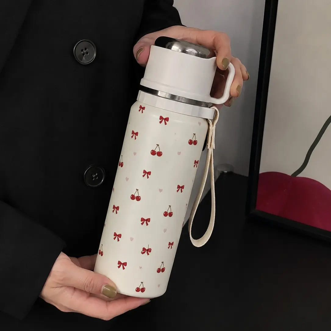 1 Pc 20oz Cute Cherry Bow Insulated Tumbler with Handle, Double Wall Stainless Steel Travel Mug, Leak-Proof Lid, Keeps Drinks Cold 24hrs Hot 12hrs, Portable Cup with Wrist Strap, Sweet Aesthetic Design Coffee Cup, Perfect Gift for Women, Girls, Friends