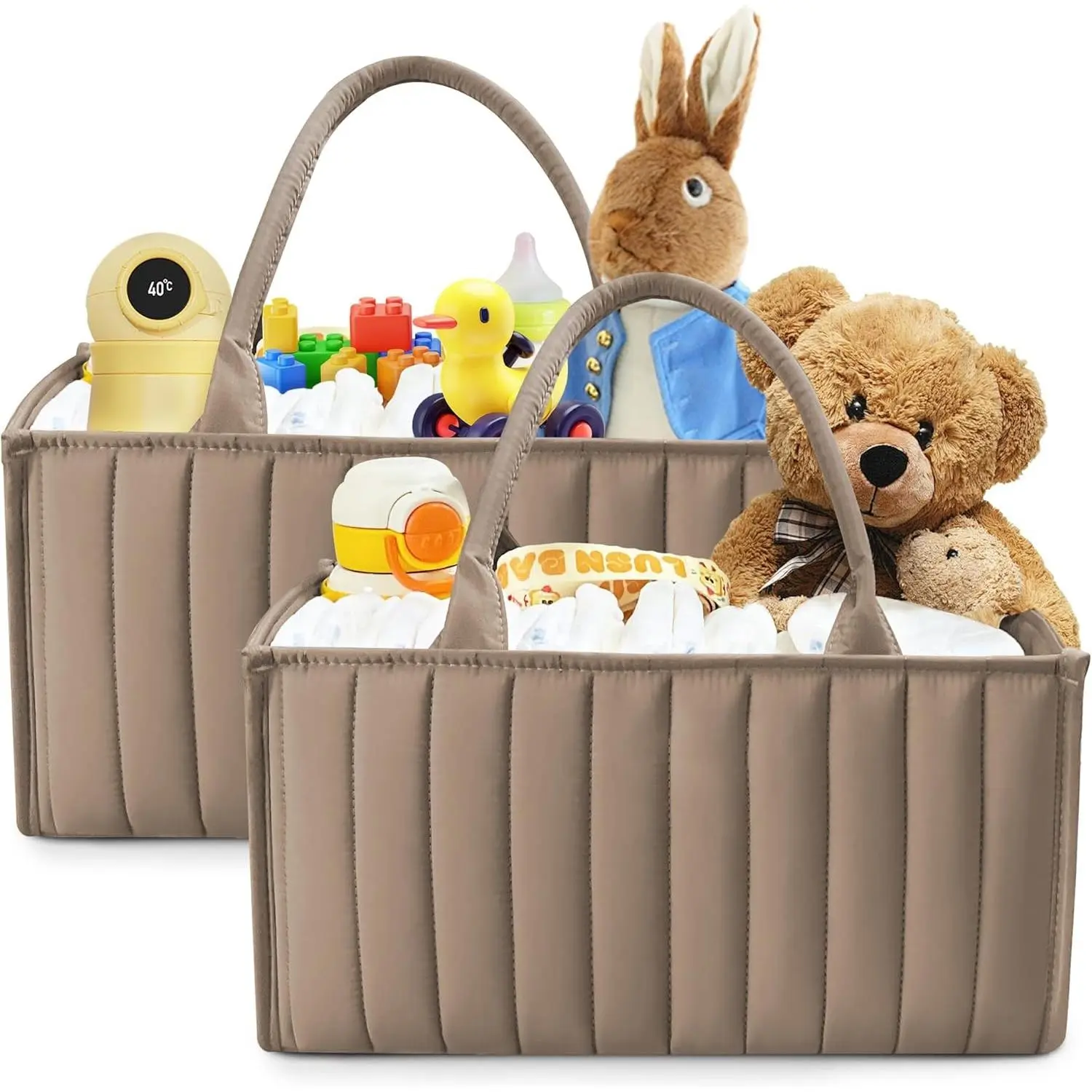 2-Pack Quilted Diaper Caddy Organizer – Premium Puffer Style Nursery Storage Bins – Water-Resistant & Wipeable Changing Table Organizer – Trendy Tote for Home & Car Travel - Mocha Brown