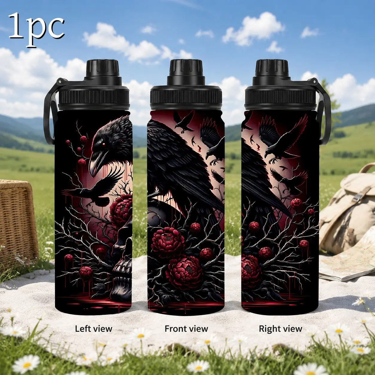 1pc 20/32oz Dark Crow Skull Blood Flower Pattern Insulated Tumbler, Portable Stainless Steel Water Bottle with Secure Lid, Long Cold Heat Retention Sports Cup, All Saints' Day Ideal Gothic Style Present for Men Women Outdoor camping Use