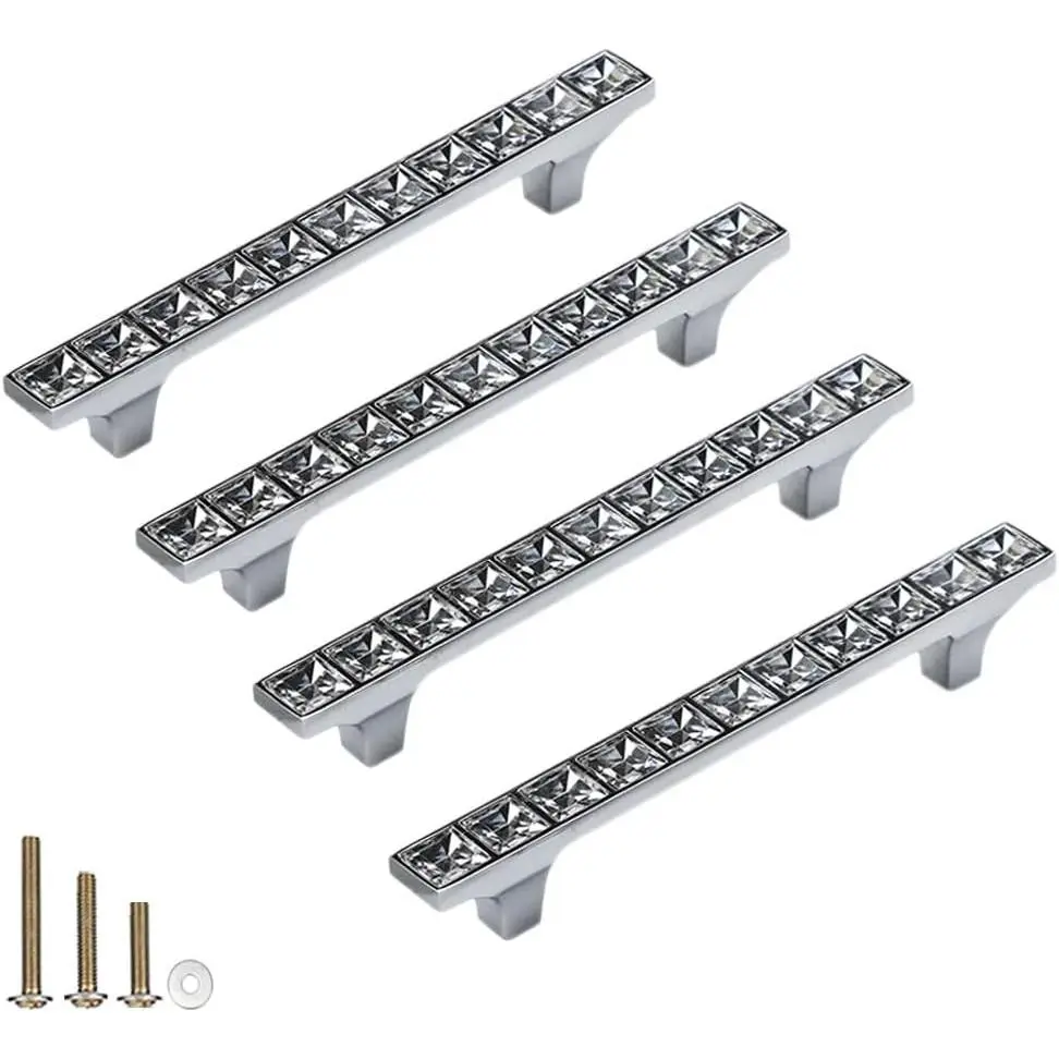 4 Pack  Glass Rhinestone Cabinet Pulls Knobs Handles,Modern Decorated Shiny Dresser Drawer Konbs Pulls Handles for Cupboard Wardrobe Dresser Doors (4 Pack, 3.8" Hole Centers)