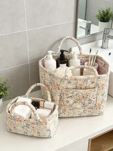 Floral Quilted Storage Baskets Bathroom Storage Baskets, Choose by Quantity/Size, with Handles and Pockets, Multipurpose Desktop and Wardrobe Storage Baskets for Home, Dorm and Travel, Organization Baskets