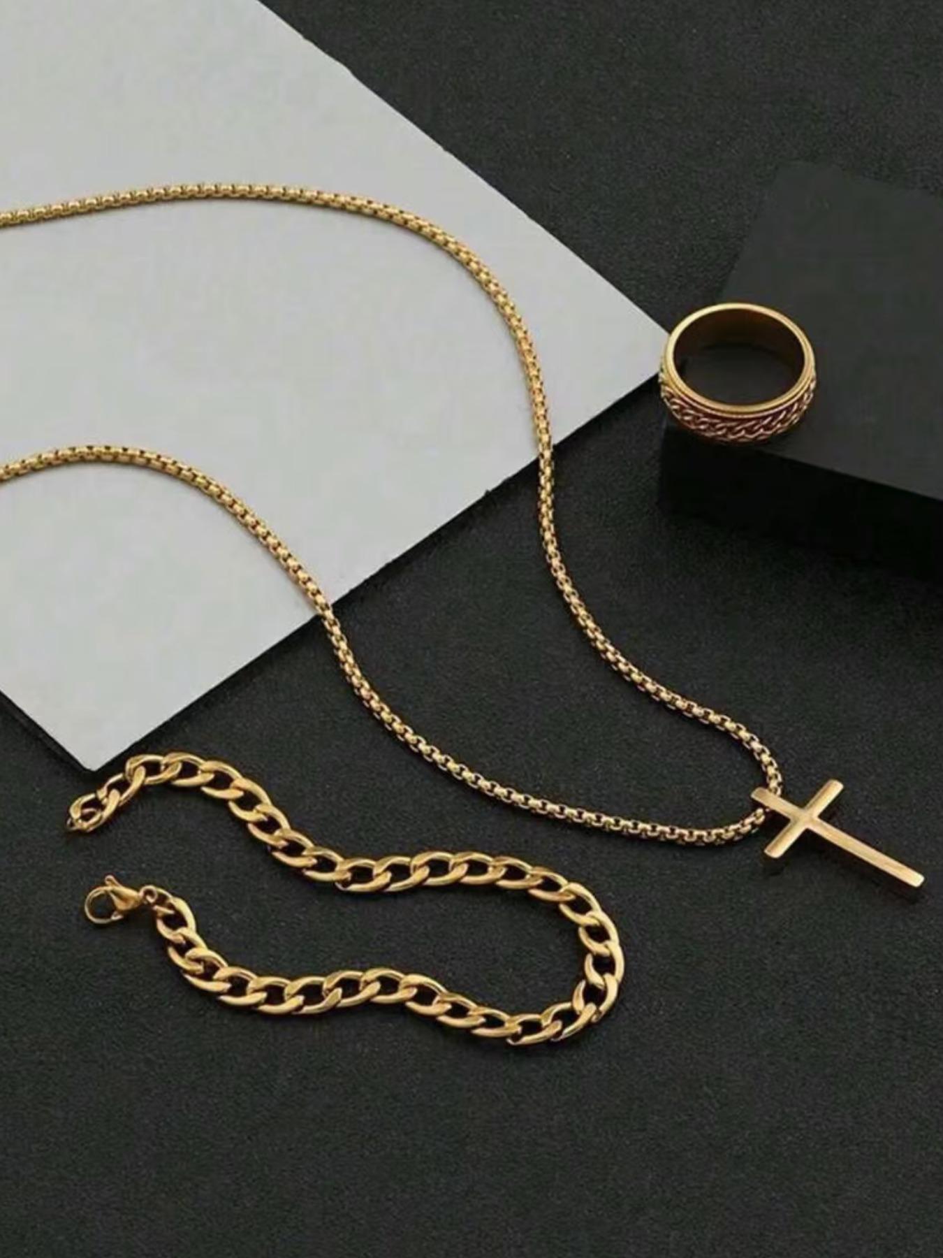 Men's Punk Hip Hop Cross Necklace & Curb Chain Bracelet & Ring, Fashionable Jewelry Set for Party, Daily Decor, Trendy All-match & Exquisite Jewelry for Birthday Gift
