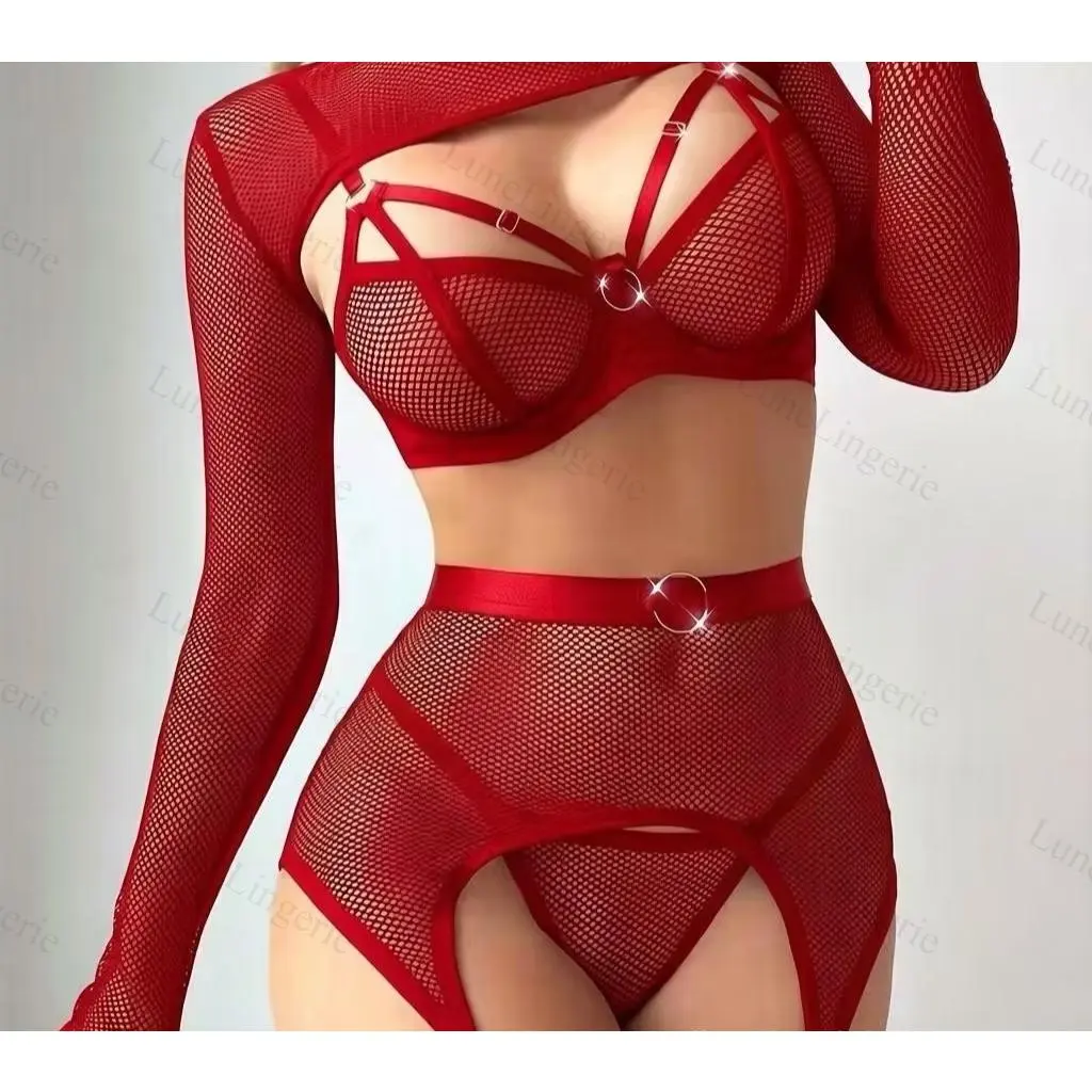Women's 2-Piece Separate Lingerie Set - Hollow Cutout Bra, Matching Thong, Sheer Fishnet Mesh Intimate Wear for Sports & Outdoor Leisure, Separate Set