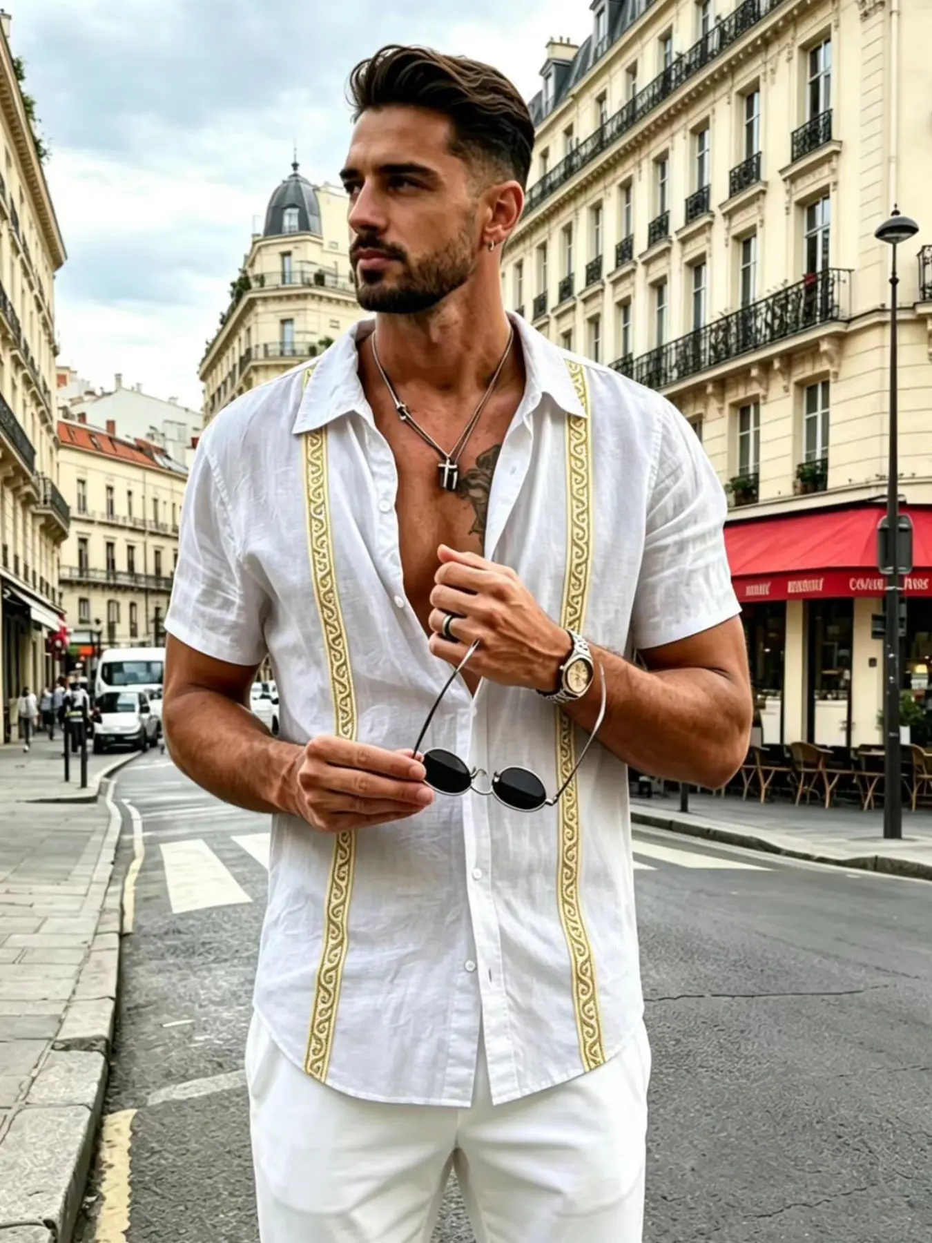 Men's Baroque Style Embroidered Short Sleeve Shirt, Lightweight Sophisticated Commuter Top, Two-Piece