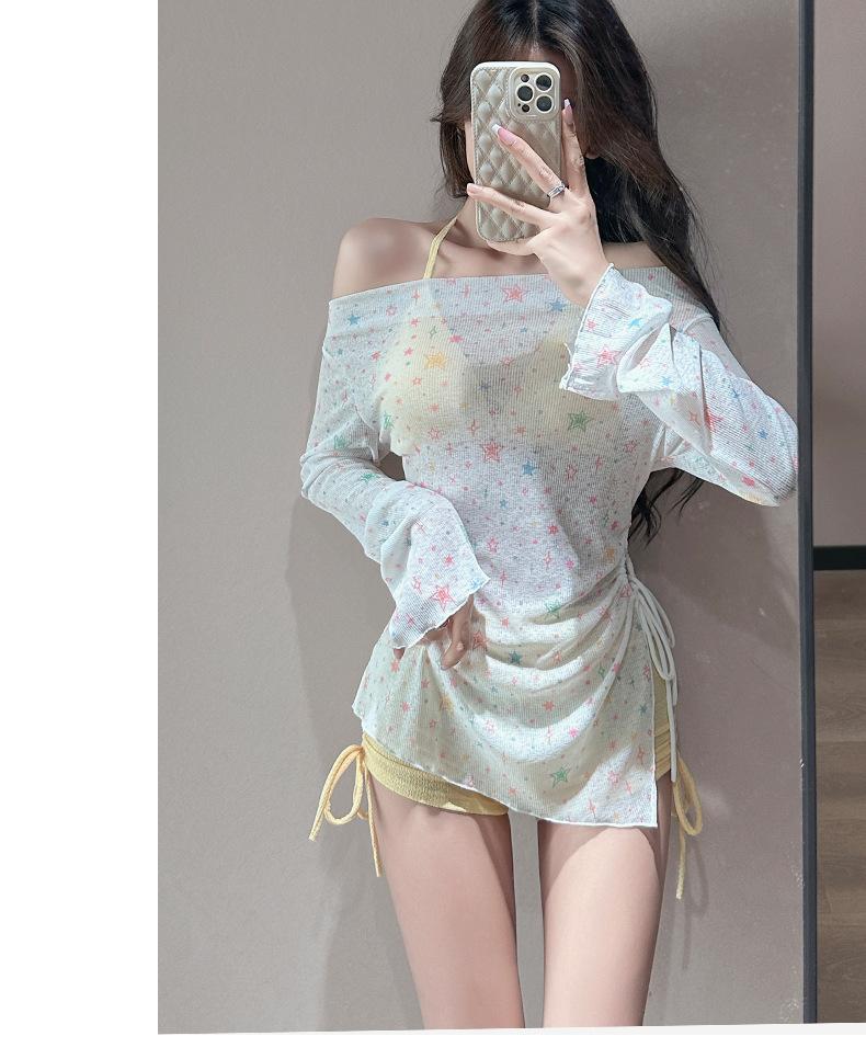 Women's three-piece swimsuit set, long-sleeved for sun protection, with a fresh star print, sweet and charming, suitable for beach wear