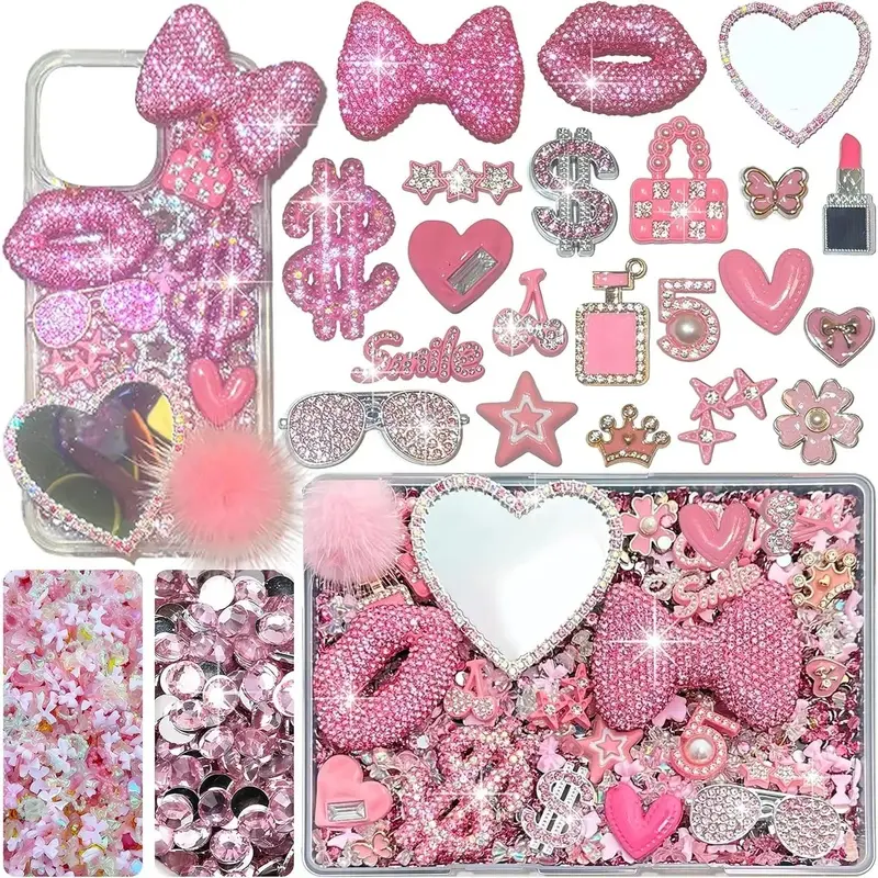 Pink DIY Phone Case Decoration Kit, Bling Rhinestone Resin Charms Set with Bow, Lips, Dollar Sign & Mirror Ornaments for Phone Decor