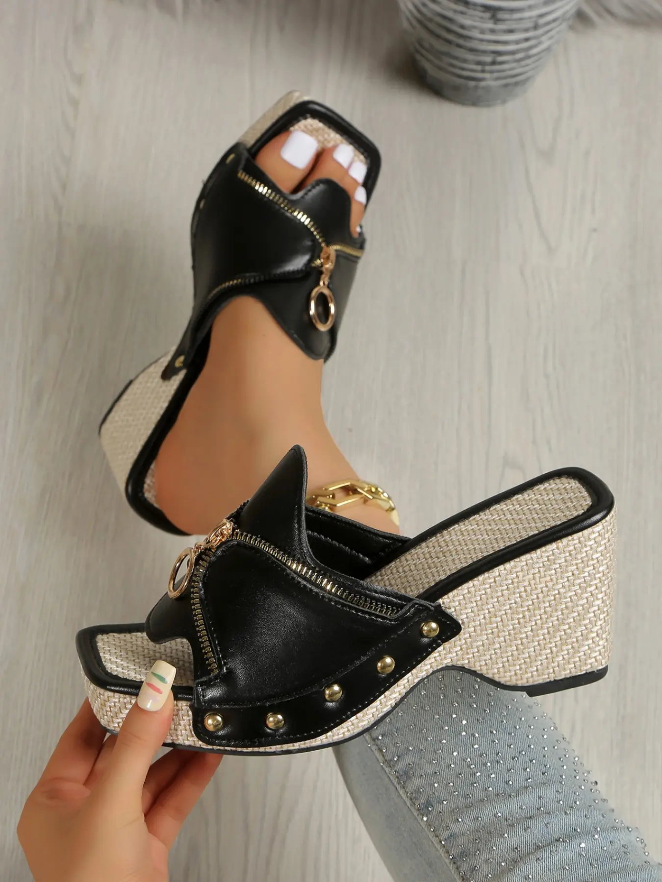 Women's Street Cool Zipper Rivet Espadrille Wedge Mules, Casual Wedge Sandals, Platform Square Toe Non Slip Open Toe Slip On Sandals for Shopping Date Footwear